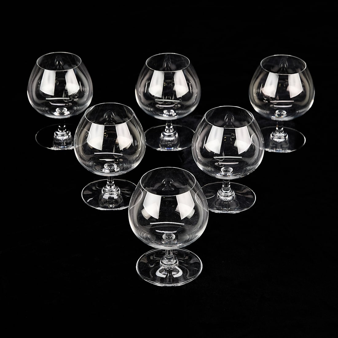Set 6 Baccarat "Degustation" Cognac Glasses: Baccarat, France. Set of 6 "Degustation" crystal blown glass stemware cognac tasting snifter goblets, 20th century. Each with etched mark along the underside.(Each) Height: 5 in x diameter: 3 1/2 in.