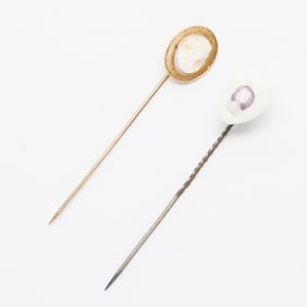 2 Cameo Stick Pins - Gold & Cowry Shell