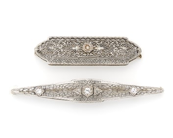 2 14k White Gold Filigree Brooches