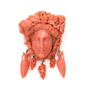 14k Gold & Carved Coral Dionysus Brooch