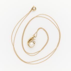 14k Pearl & Diamond Pendant w/ Gold Filled Chain