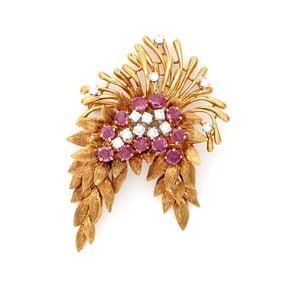 18k Yellow Gold Ruby & Diamond Brooch