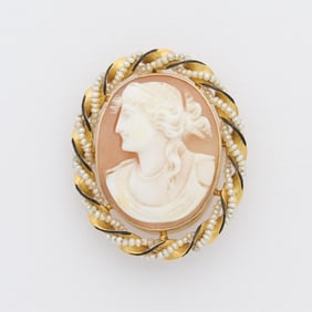 10k Gold, Enamel, & Pearl Shell Cameo