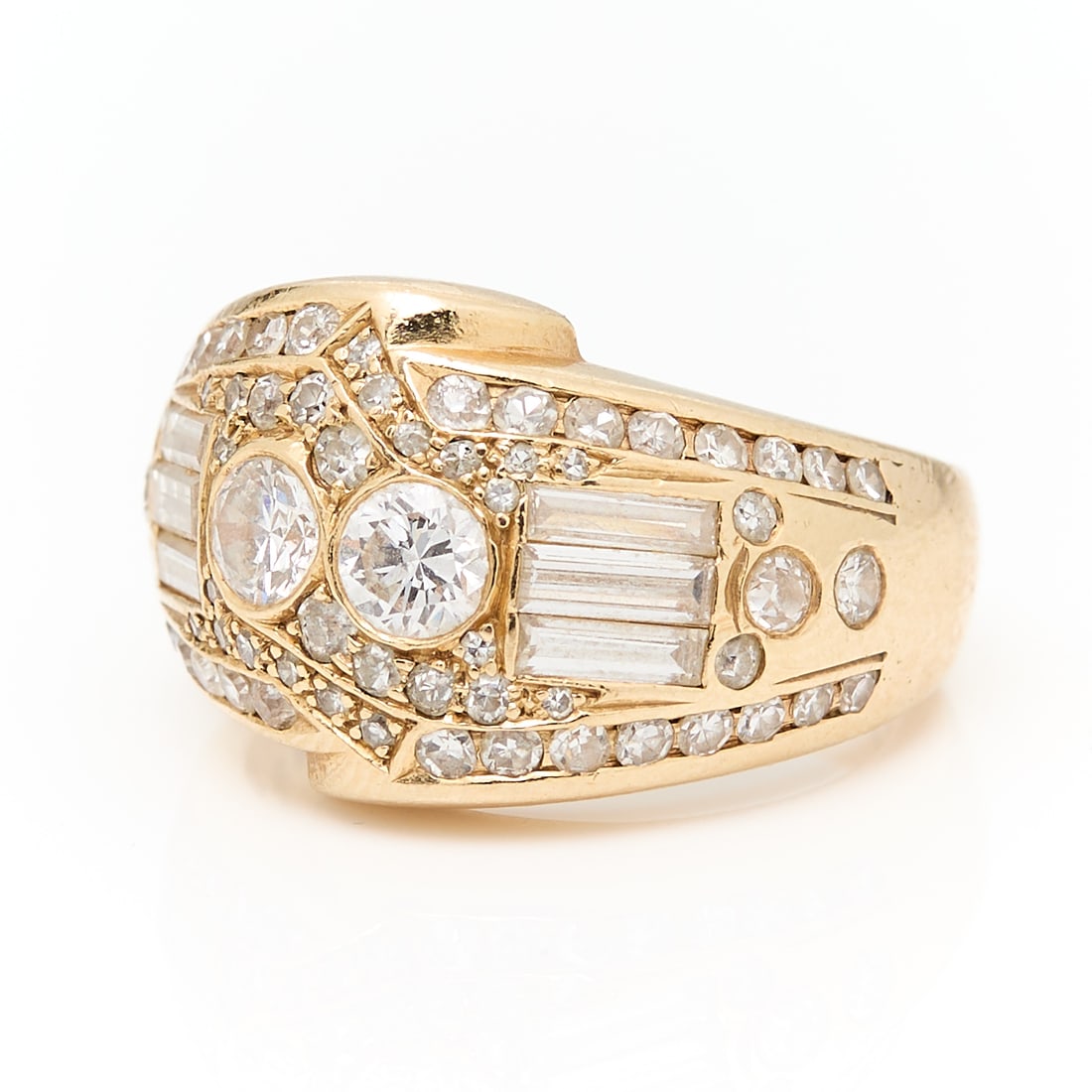 14k Yellow Gold & Diamond Ring: 14k yellow gold wide ring band set with a myriad of mixed cut diamonds, including six baguettes and two central round brilliant cuts. The rest of diamonds are a mix of single cut and full cut diamonds