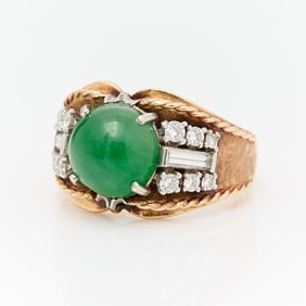 14k Gold Platinum Jade & Diamond Ring