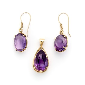 14k Yellow Gold & Amethyst Earrings & Pendant