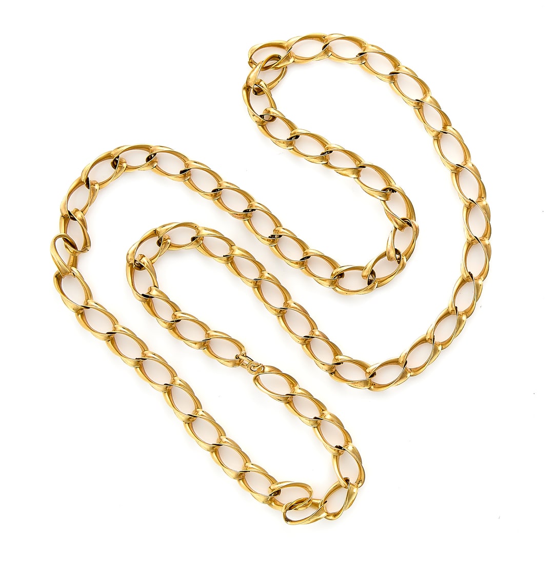 18k Yellow Gold Large Twisted Link Necklace: 18k yellow necklace comprised of large, open tiwsted links. On a spring clasp closure. Marked 750 and 853 MI brev near clasp. Length: 28 in. Gross weight: 33.8 g