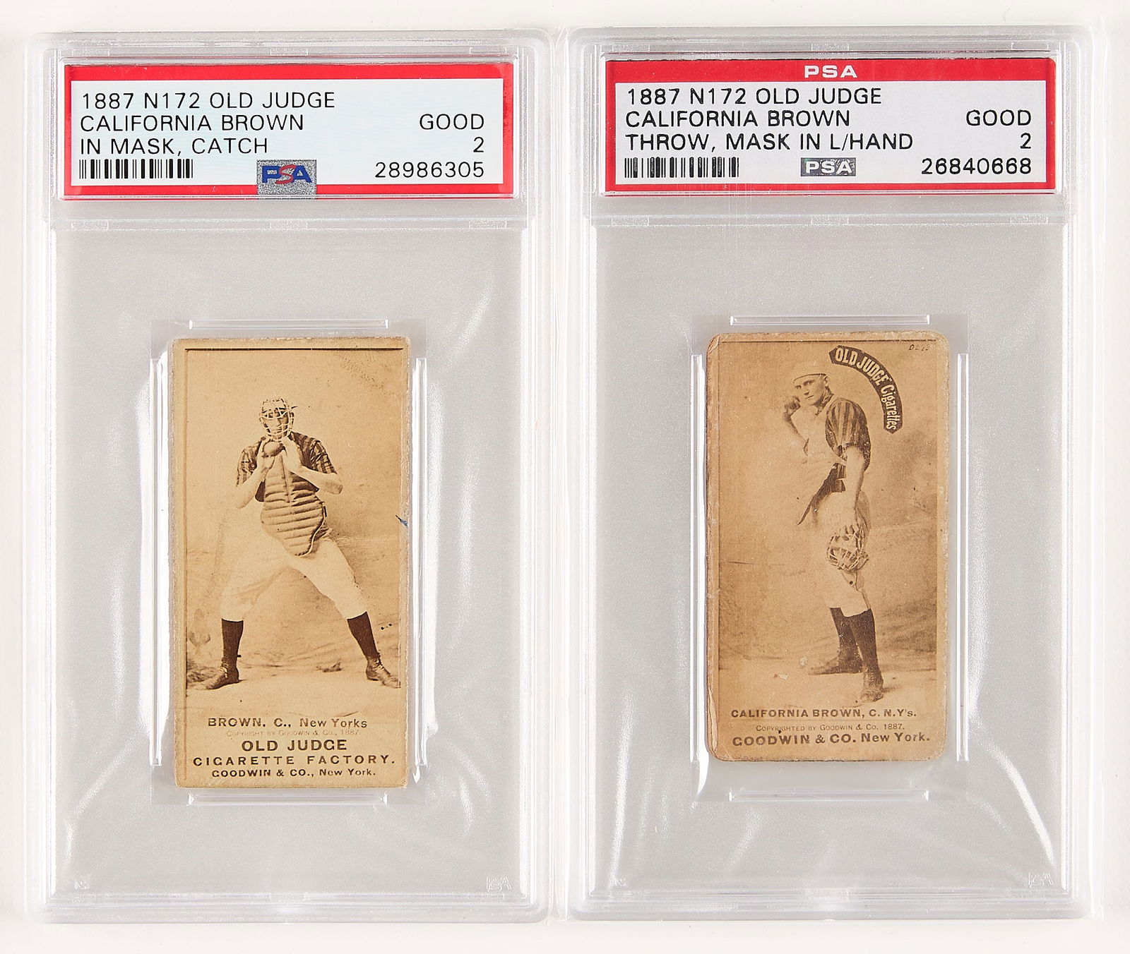 2 1887 N172 Old Judge California Brown Cards PSA 2: Group of two 1887 N172 Old Judge California Brown baseball cards depicting William "California" Brown. These card were issued by Goodwin & Company from 1887 to 1890. Both graded by PSA/DNA. Including: