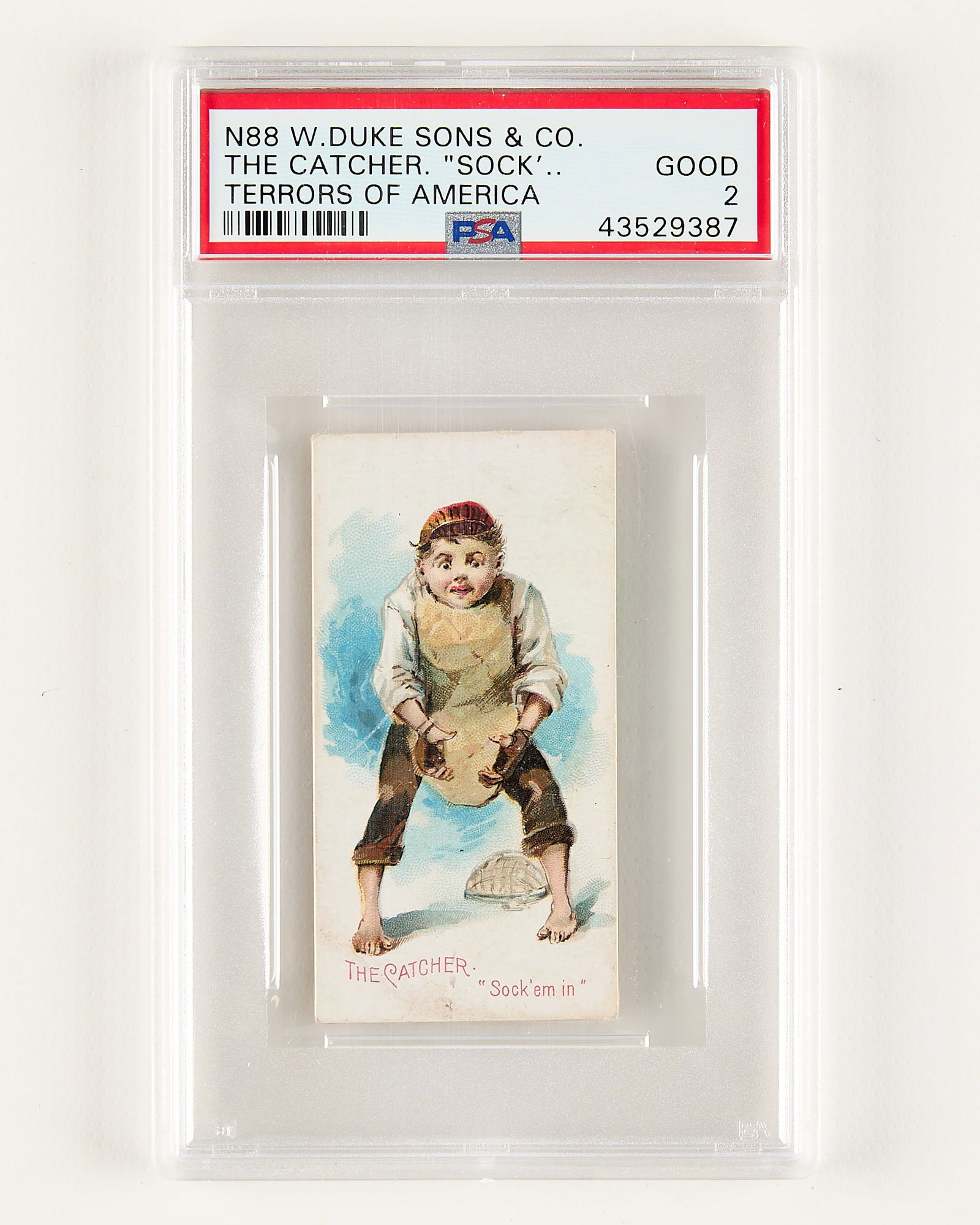 1890 N88 Duke The Catcher Terrors of America PSA 2: 1890 N88 W. Duke Sons & Co. "The Catcher, 'Sock'em in'" from the "Terrors of America" series baseball cards. PSA/DNA: 43529387.Height: 5 1/4 in x width: 3 1/4 in. Metro 13 - Card Box 6
