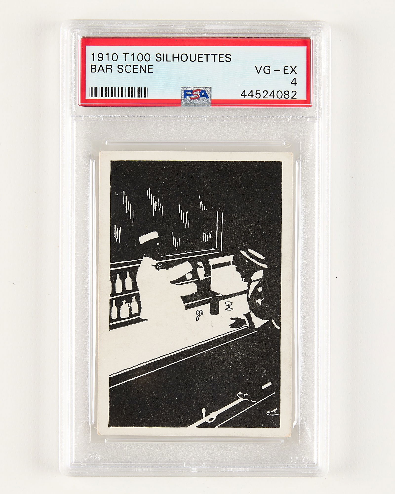 1910 T100 Silhouettes Bar Scene PSA 4: 1910 T100 Silhouettes bar scene trading card. PSA/DNA: 44524082.Height: 5 1/4 in x width: 3 1/4 in. Metro 13 - Card Box 6