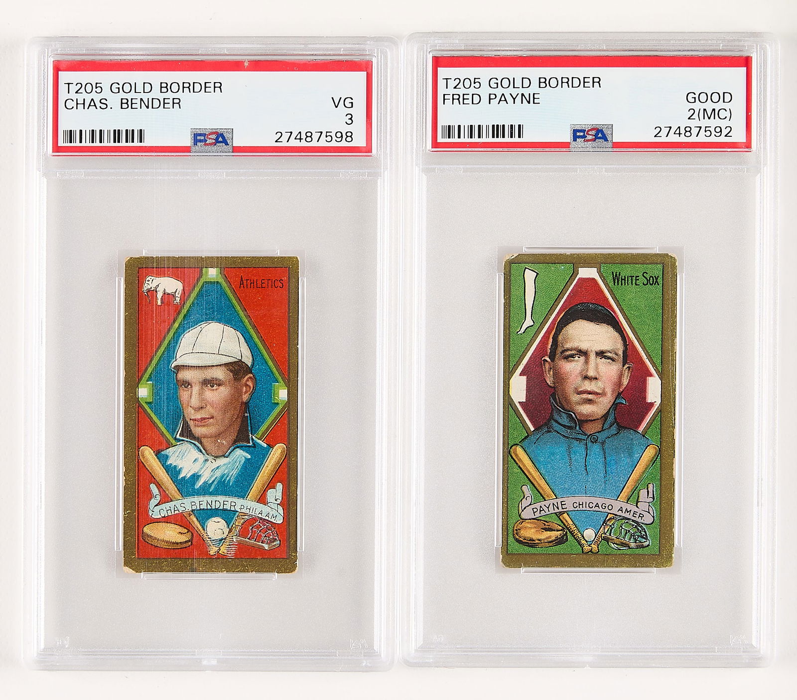 2 1911 T205 Gold Border Bender & Payne Cards PSA: Group of two 1911 T205 gold border cards, both graded by PSA/DNA. Including:Charles "Chief" Bender (VG 3, 27487598).Fred Payne (Good 2 (MC), 27487592).(Case) Height: 5 1/4 in x width: 3 1/4 in.