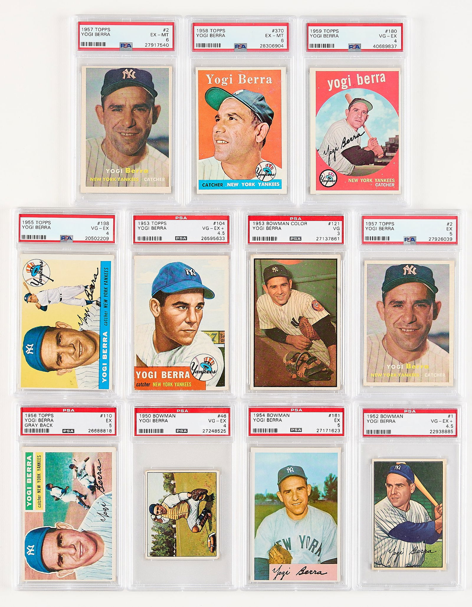 11 1950-59 Yogi Berra Cards PSA: Group of eleven 1950-59 Yogi Berra baseball cards. Including:1950 Bowman #46 Yogi Berra (VG-EX 4, 27248525).1952 Bowman #1 Yogi Berra (VG-EX+ 4.5, 22938885).1953 Bowman Color #121 Yogi Berra (VG 3, 27