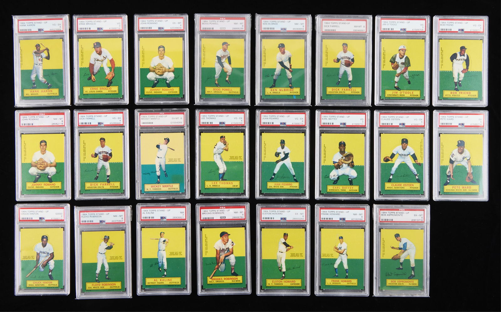 23 1964 Topps Stand-Up Cards Mantle, Mays, & More: Group of 23 graded 1964 Topps Stand-up baseball trading cards. Including:(PSA/DNA 8): Romano, F. Howard, B. Robinson, F. Robinson, Farrell, McBride, Powell.(PSA/DNA 7): Kaline.(PSA/DNA 6): Mantle, Asp