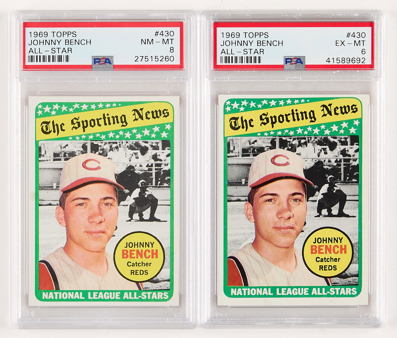 2 1969 Topps #430 Johnny Bench All Star PSA 8 & 6 (1 of 2)
