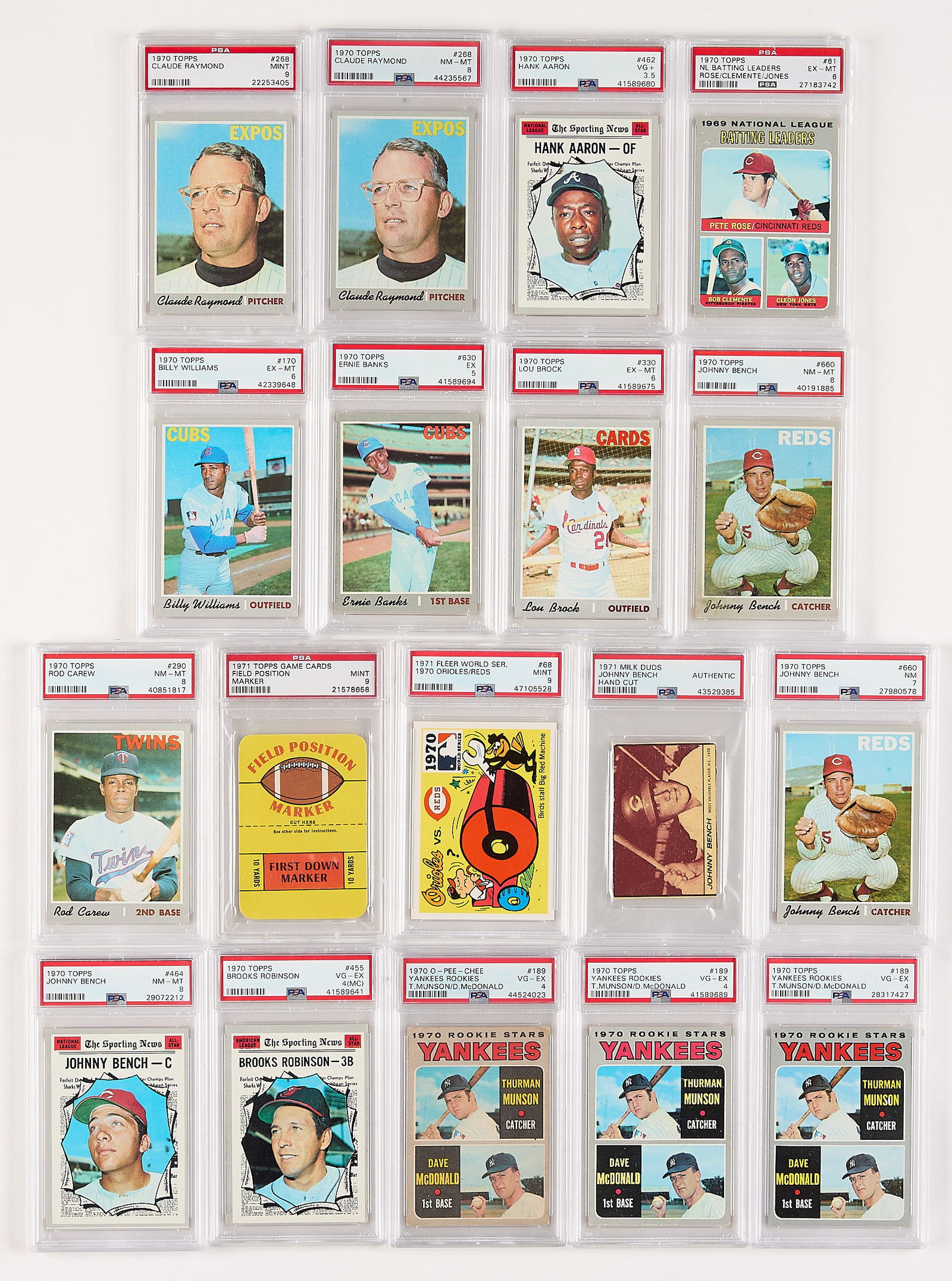 18 1970-71 Topps Cards PSA Graded: Group of eighteen 1970-71 Topps and O-Pee-Chee baseball cards, all graded by PSA/DNA. Including:1970 Topps: #61 NL Batting Leaders Rose/Clemente/Jones (EX-MT 6, 27183742); #170 Billy Williams (EX-MT 6