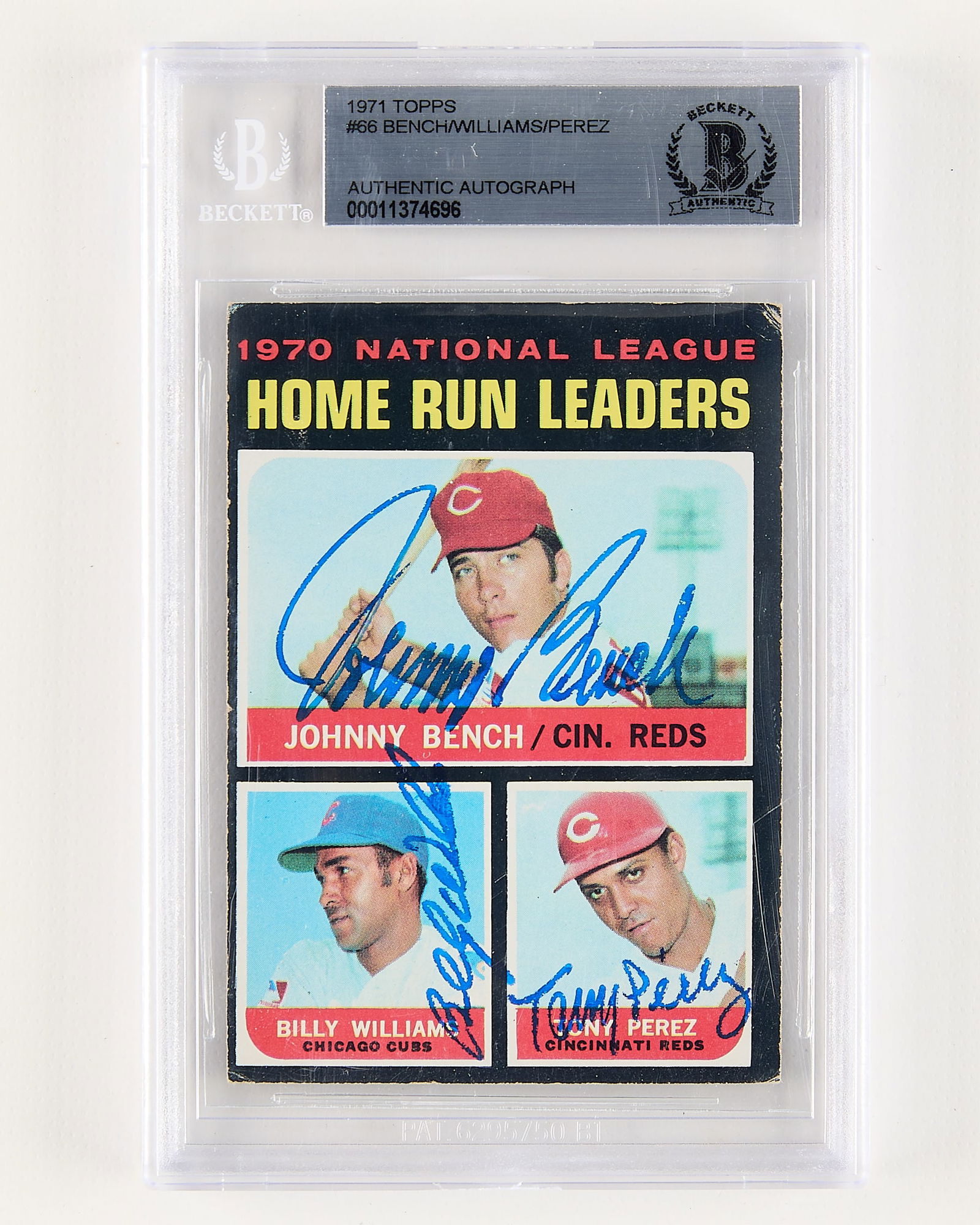 Signed 1971 Topps Home Run Leaders #66 Authentic: Autographed 1971 Topps National League Home Run Leaders #66 baseball card signed by Johnny Bench, Billy Williams, and Tony Perez. Verified authentic by Beckett: 00011374696. Height: 5 1/4 in x width: