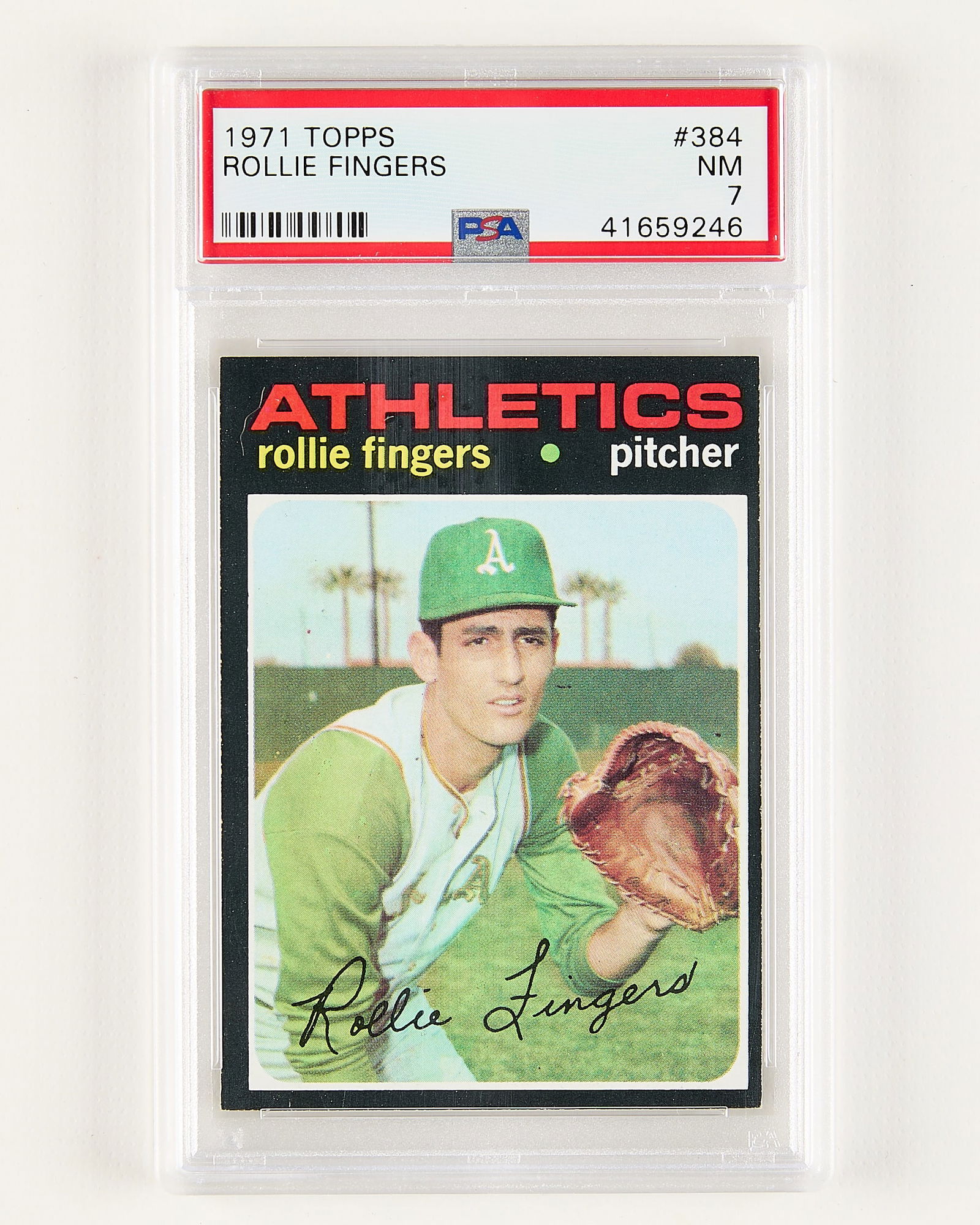 1971 Topps #384 Rollie Fingers PSA 7: 1971 Topps #384 Rollie Fingers baseball card. PSA/DNA: 41659246. Height: 5 1/4 in x width: 3 1/4 in. Metro 13 - Card Box 6