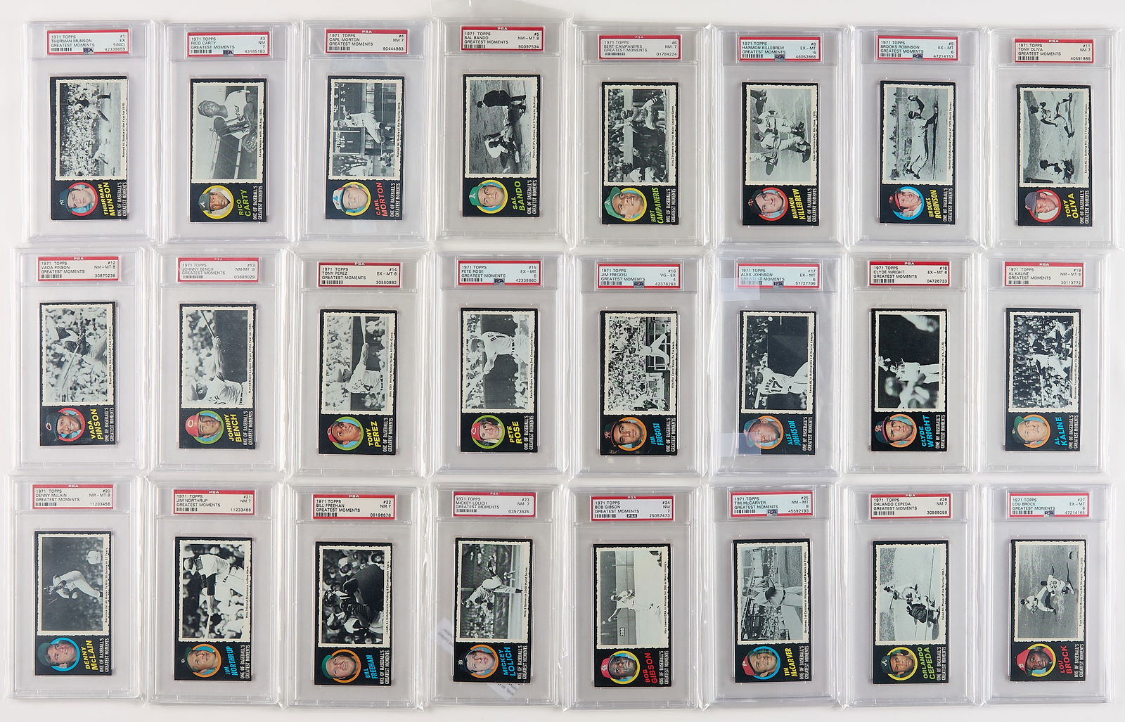 1971 Topps Greatest Moments Partial Set Graded: Partial 1971 Topps Greatest Moments baseball card set. All graded; see grades below. Lacking Cards 2, 7, 10, 33, 45, 46, 48, 53. (PSA/DNA 8): 5, 12, 13, 19, 20, 25, 28, 30, 35, 39, 40, 51. (PSA/DNA