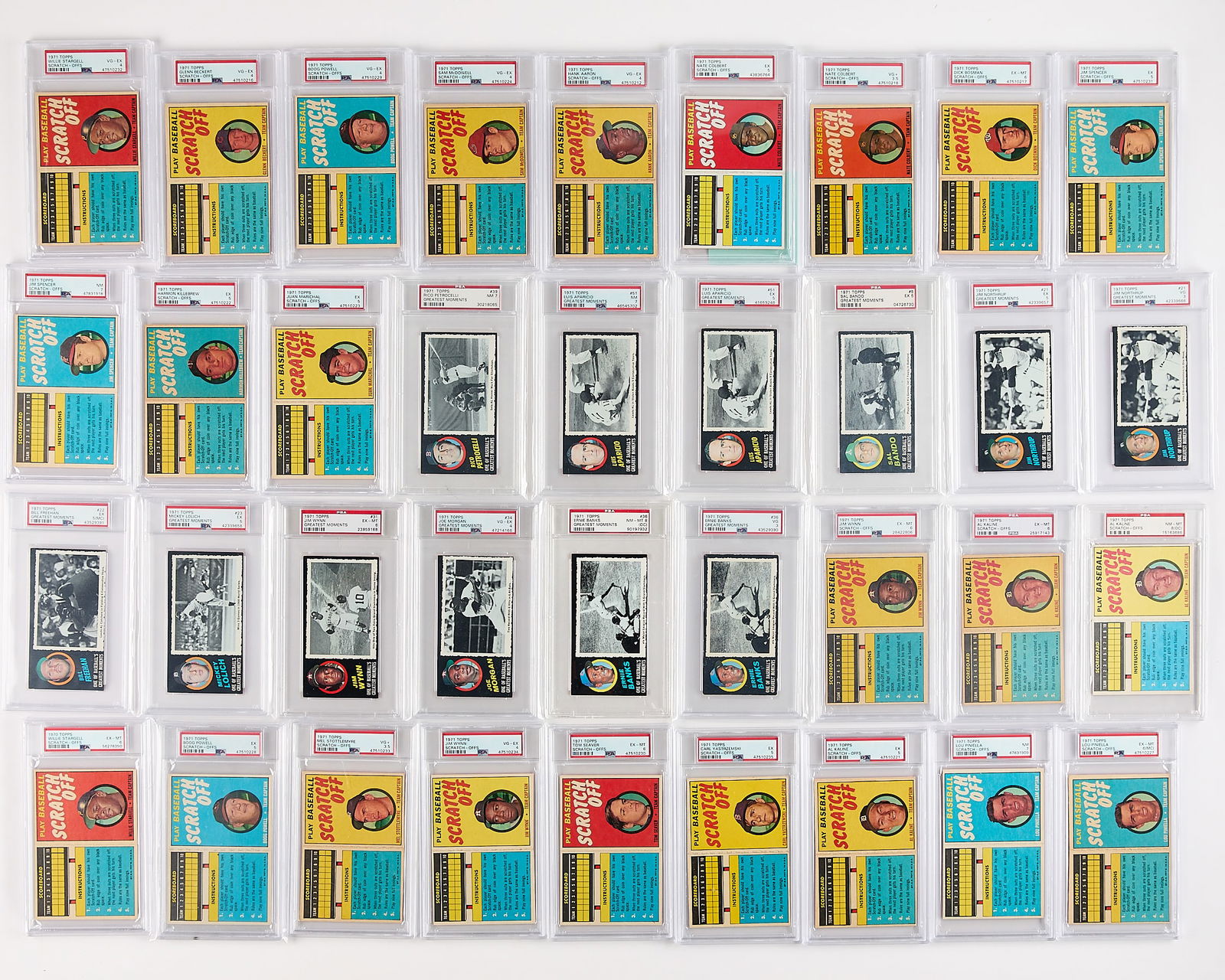 36 1971 Scratch-Offs & Greatest Moments Graded: Group of thirty-six 1971 Graded Scratch-Offs and Greatest Moments oversize baseball cards, all graded by PSA/DNA. Scratch-Offs: (PSA/DNA 8): Kaline. (PSA/DNA 7): Piniella, Spencer. (PSA/DNA 6):