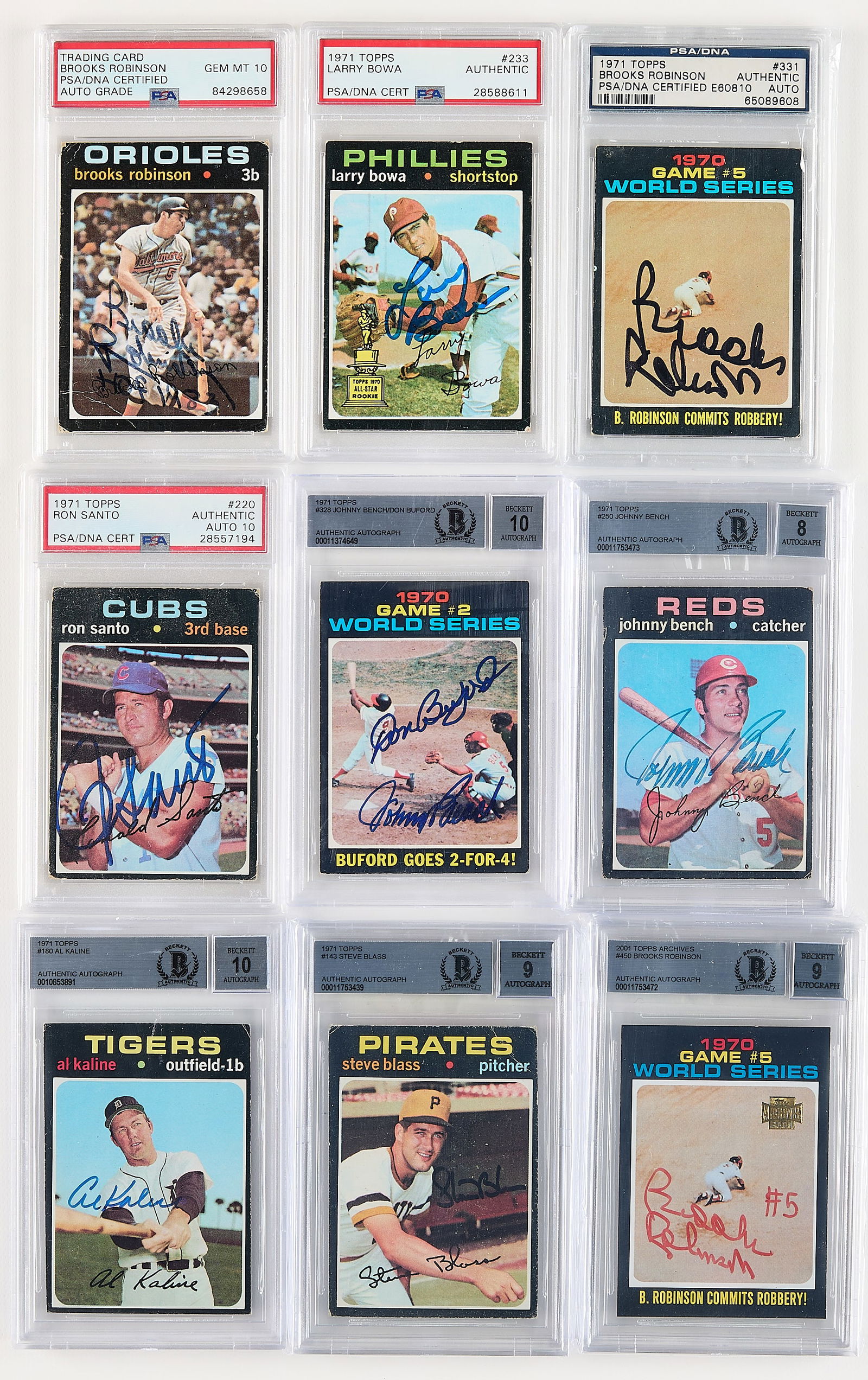 9 1971 Topps Auto Cards Bench, Robinson, Kaline (1 of 2)