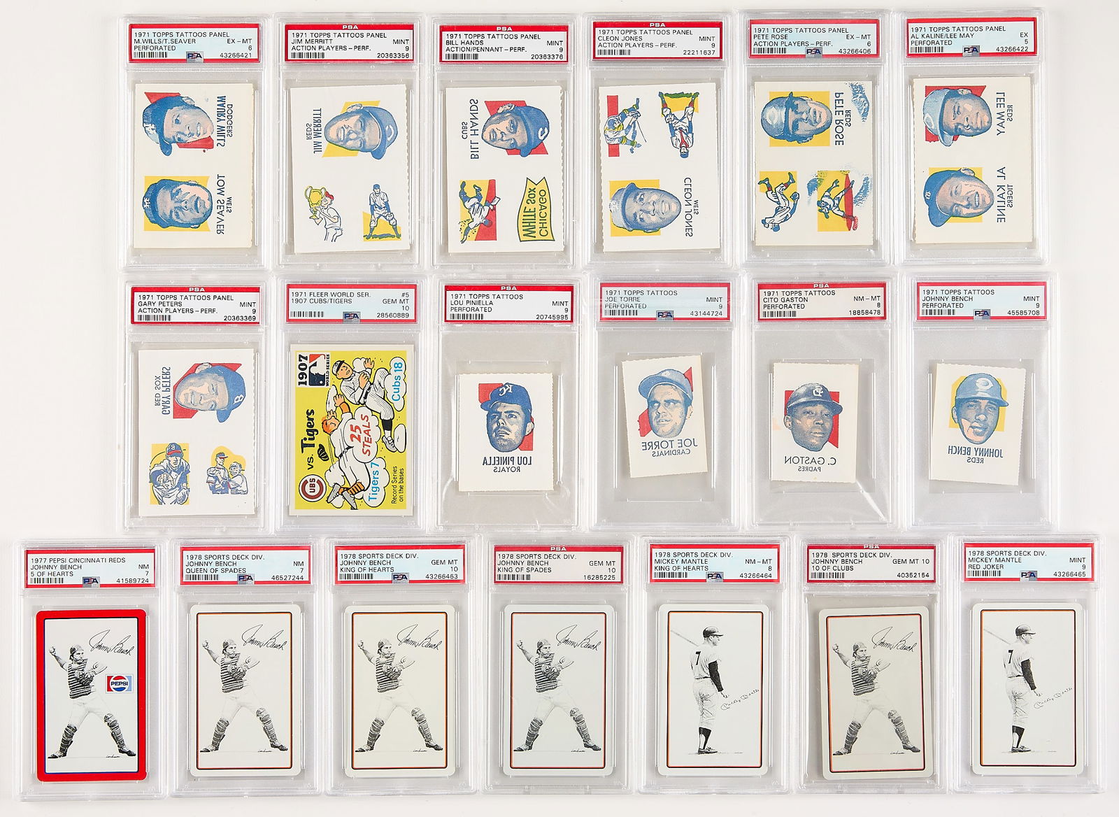 19 1971-78 Topps Tattoos & Sports PSA Graded: 1971-78 Topps Tattoos and Sports Deck trading cards, all graded by PSA/DNA. Including: 1971 Topps Tattoos Panel Action/Pennant Perforated: Bill Hands (Mint 9, 20363376). 1971 Topps Tattoos Panel