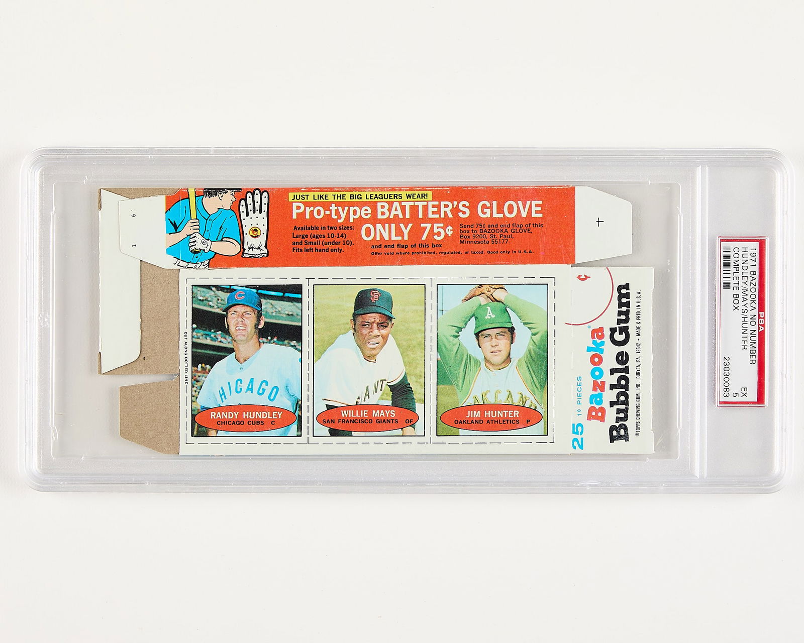 1971 Bazooka No # Hndly/Mays/Hntr Comp. Box PSA 5: 1971 Bazooka no number Hundley, Mays, & Hunter complete box. PSA/DNA: 23030083. (Case) height: 12 1/2 in x width: 5 1/2 in.