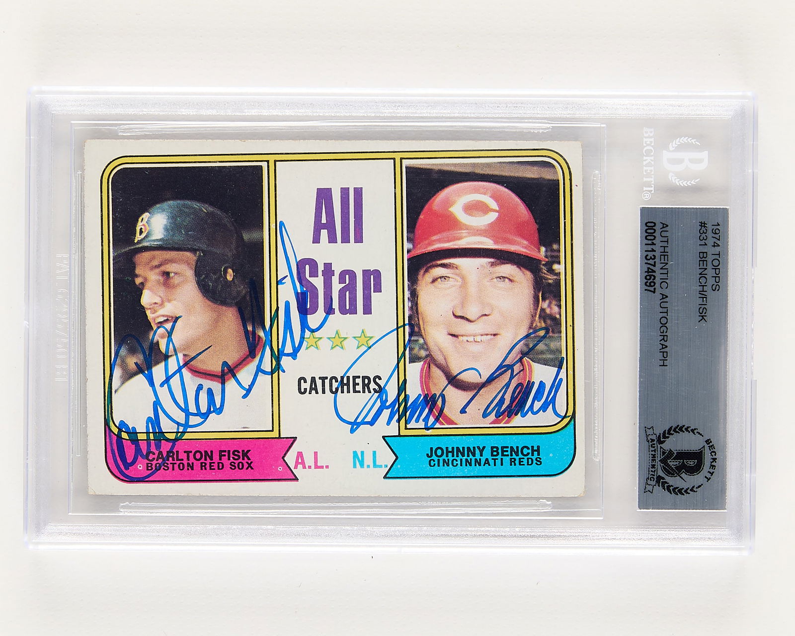 Signed 1974 Topps #331 Bench & Fisk Authentic: Autographed 1974 Topps All-Star Catchers #331 baseball card signed by Johnny Bench and Carlton Fisk. Certified authentic by Beckett (00011374697) and JSA (P41215). Height: 5 1/4 in x width: 3 1/4 in.