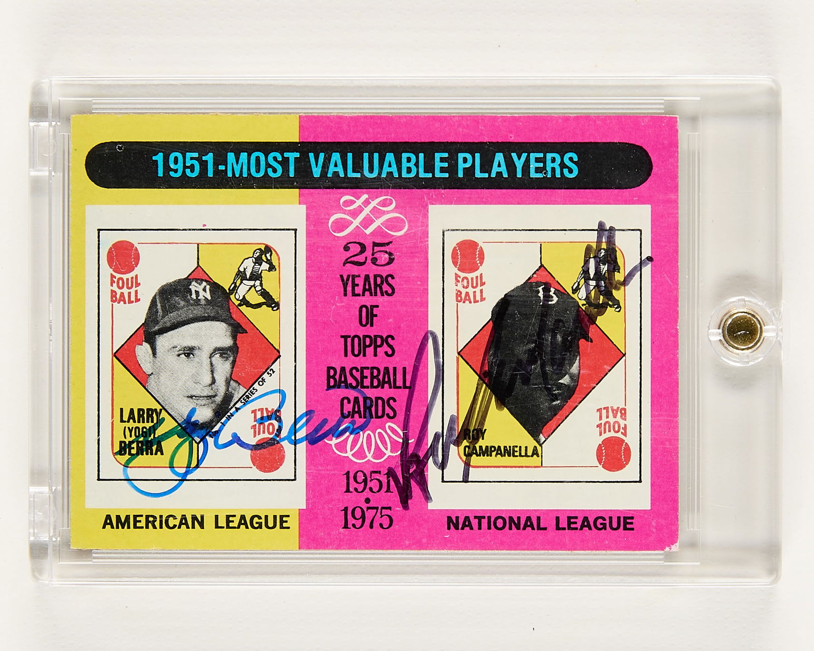 Autographed 1975 Topps 1955 MVPs Berra & Capanella: Autographed 1975 Topps 1955 - MVP's Yogi Berra & Roy Campanella #193 baseball card. Signed by Berra and Campanella. Height: 4 in x width: 3 in. Metro 13 - Card Box 6