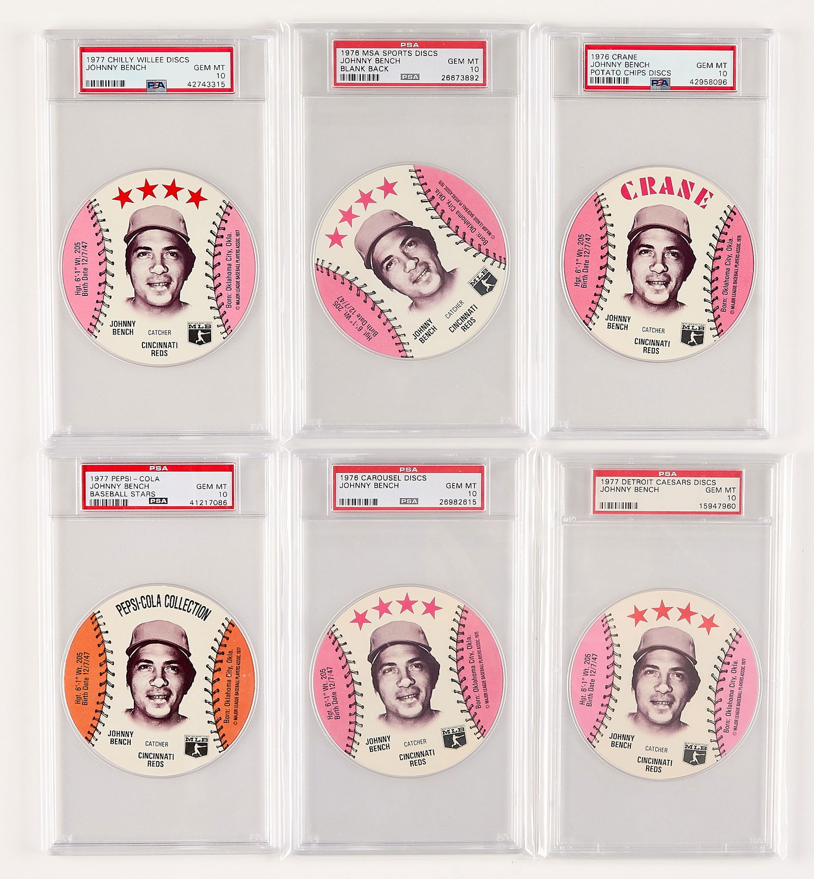 6 1976-77 Branded Johnny Bench Discs PSA 10 (1 of 2)