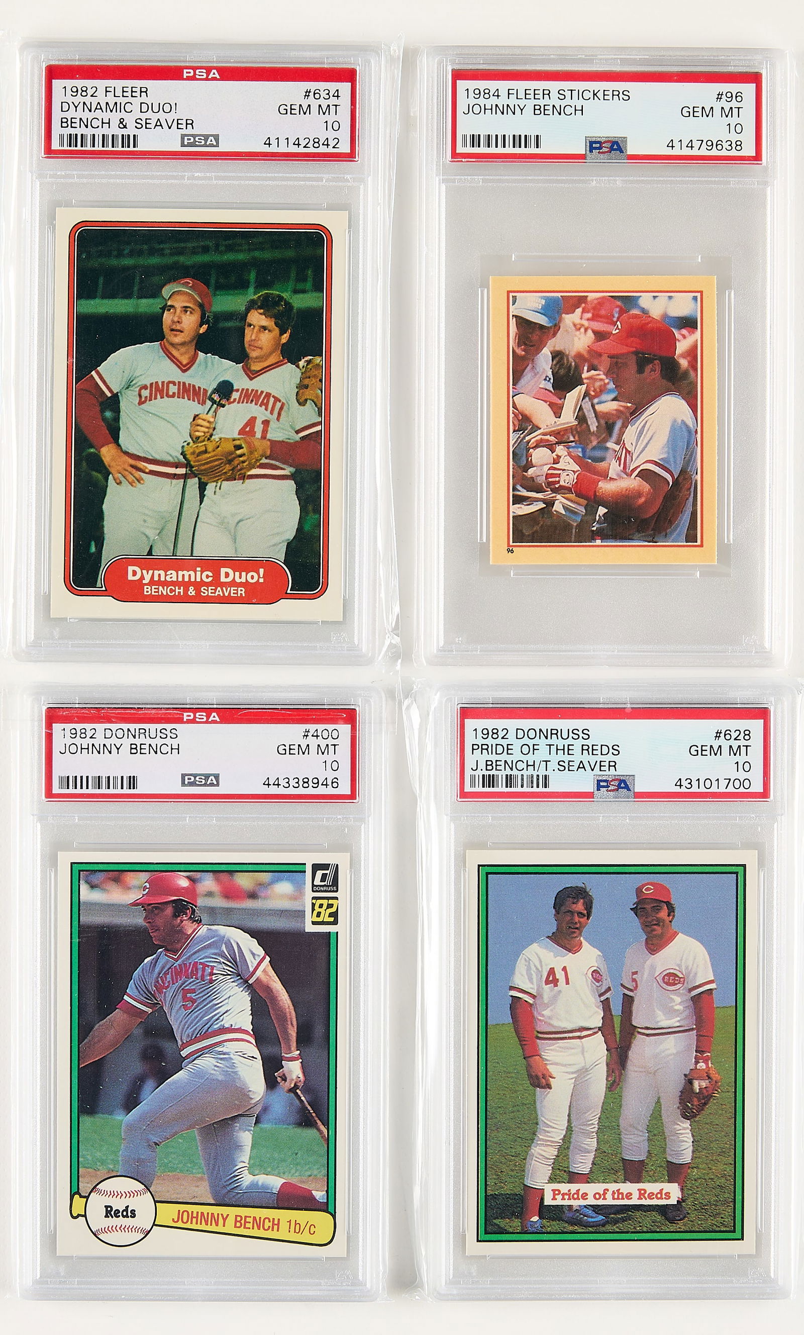 4 1982-83 Donruss/Fleer Bench & Seaver Cards PSA10: 1982-83 Donruss and Fleer Johnny Bench and Tom Seaver baseball cards. Including:1982 Donruss #400 Johnny Bench (44338946).1983 Fleer Stickers #96 Johnny Bench (41479638).1982 Fleer #634 Dynamic Duo! B