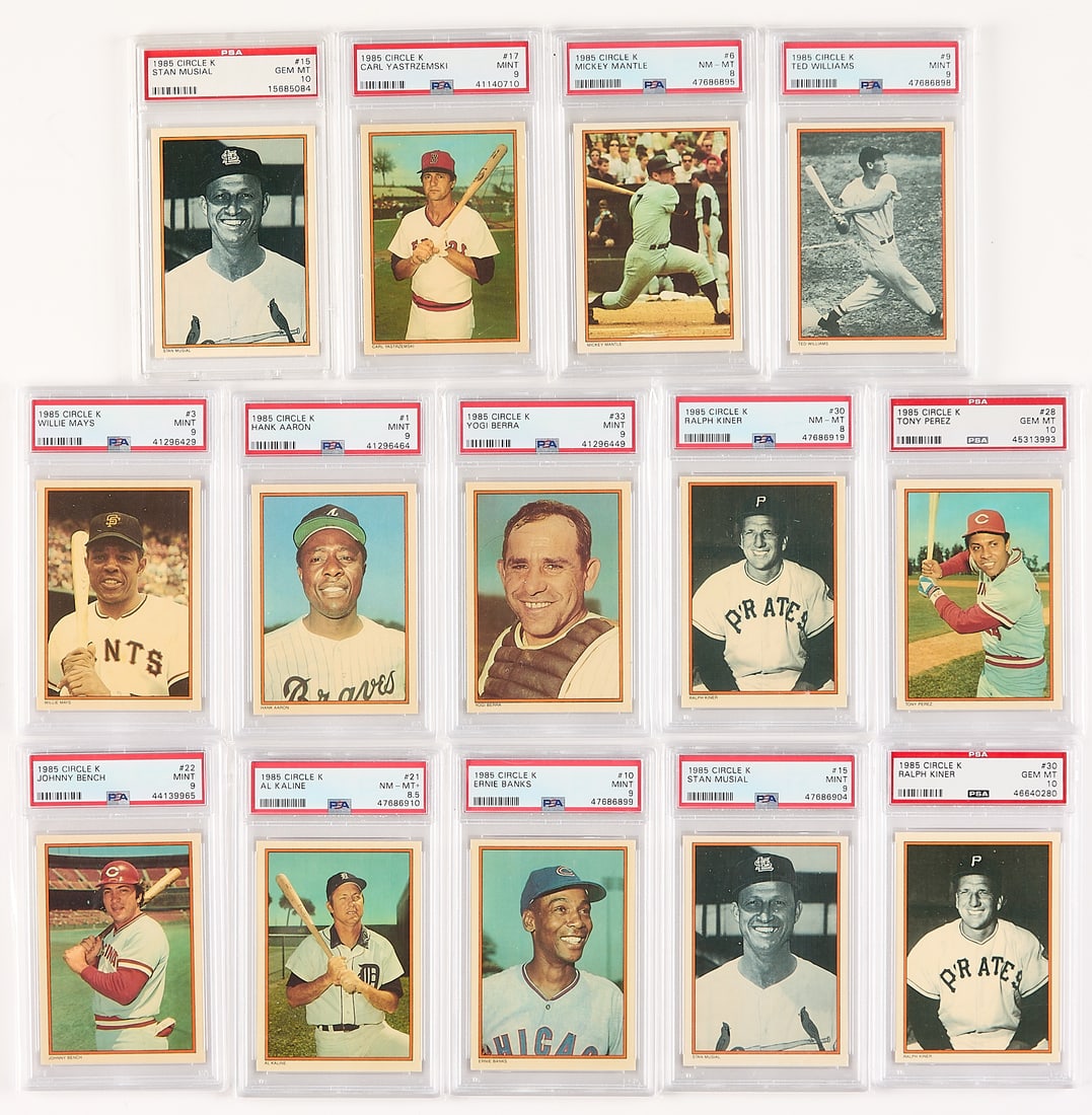 14 1985 Circle-K Mantle Williams Aaron High PSA: Group of fourteen 1985 Circle-K baseball cards. All with high grades from PSA/DNA. Including hall of famers:#1 Hank Aaron (Mint 9, 41296464); #3 Willie Mays (Mint 9, 41296429); #6 Mickey Mantle (NM-MT