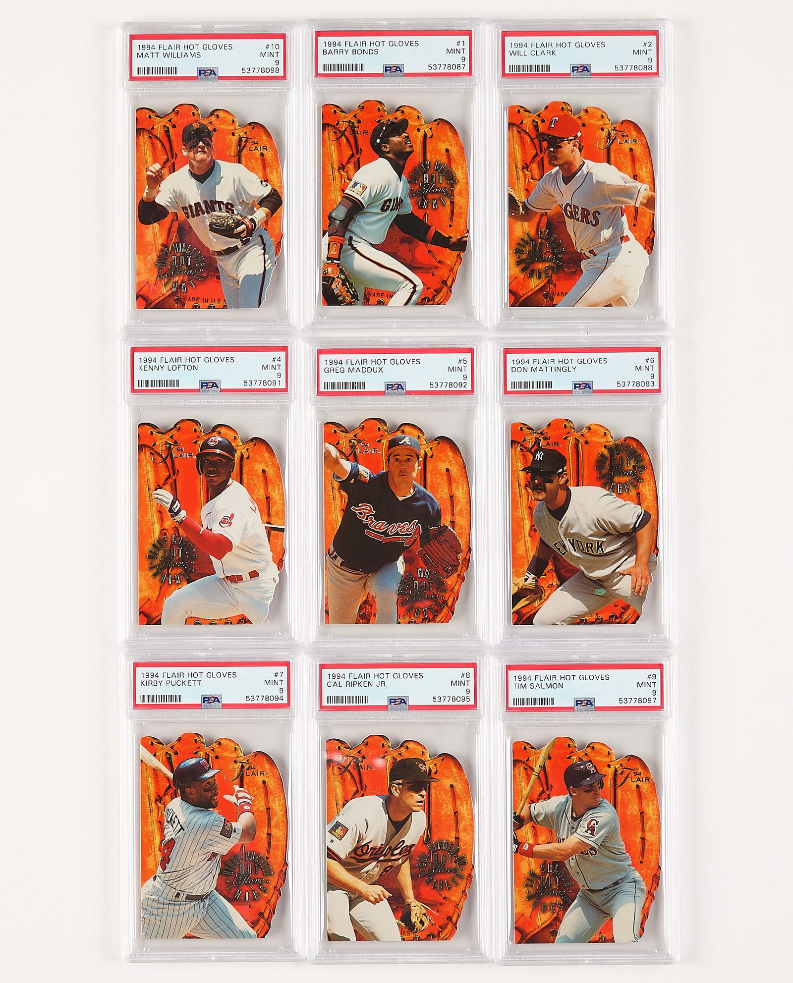 9 1996 Flair Hot Glove Cards PSA 10: Group of nine 1996 Flair Hot Gloves baseball cards. All graded by PSA/DNA. Including:#1 Barry Bonds (53778087); #2 Will Clark (53778088); #4 Kenny Lofton (53778091); #5 Greg Maddux (53778092); #6 Don