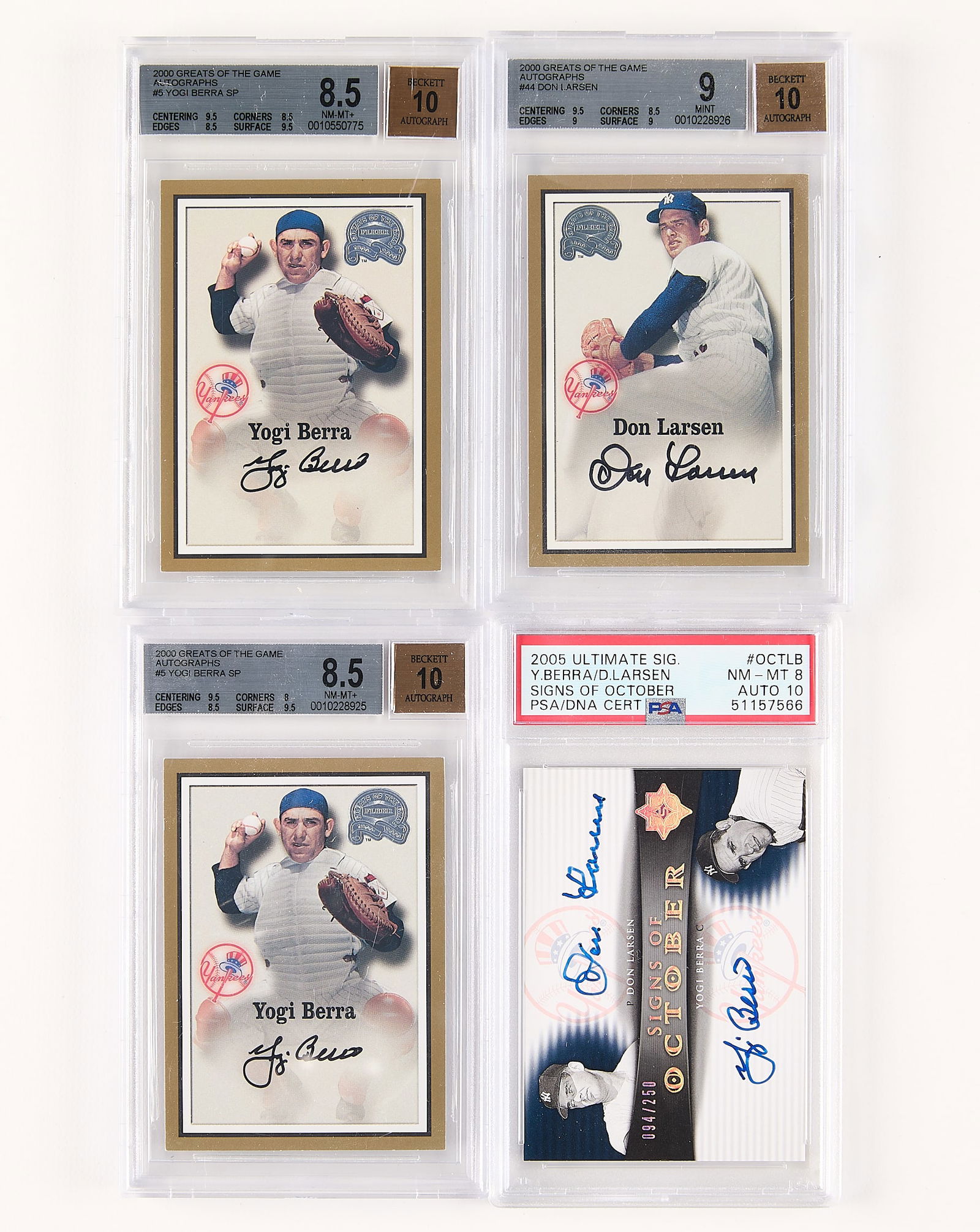 2000-05 Upper Deck/Fleer Auto Berra Larson Graded: Group of four autographed Yogi Berra and/or Don Larsen baseball cards. Including: Two 2000 Fleer Greats of the Game Autographs #5 Yogi Berra (BGS: NM-MT+ 8.5, Autograph 10, (0010550775, 0010228925