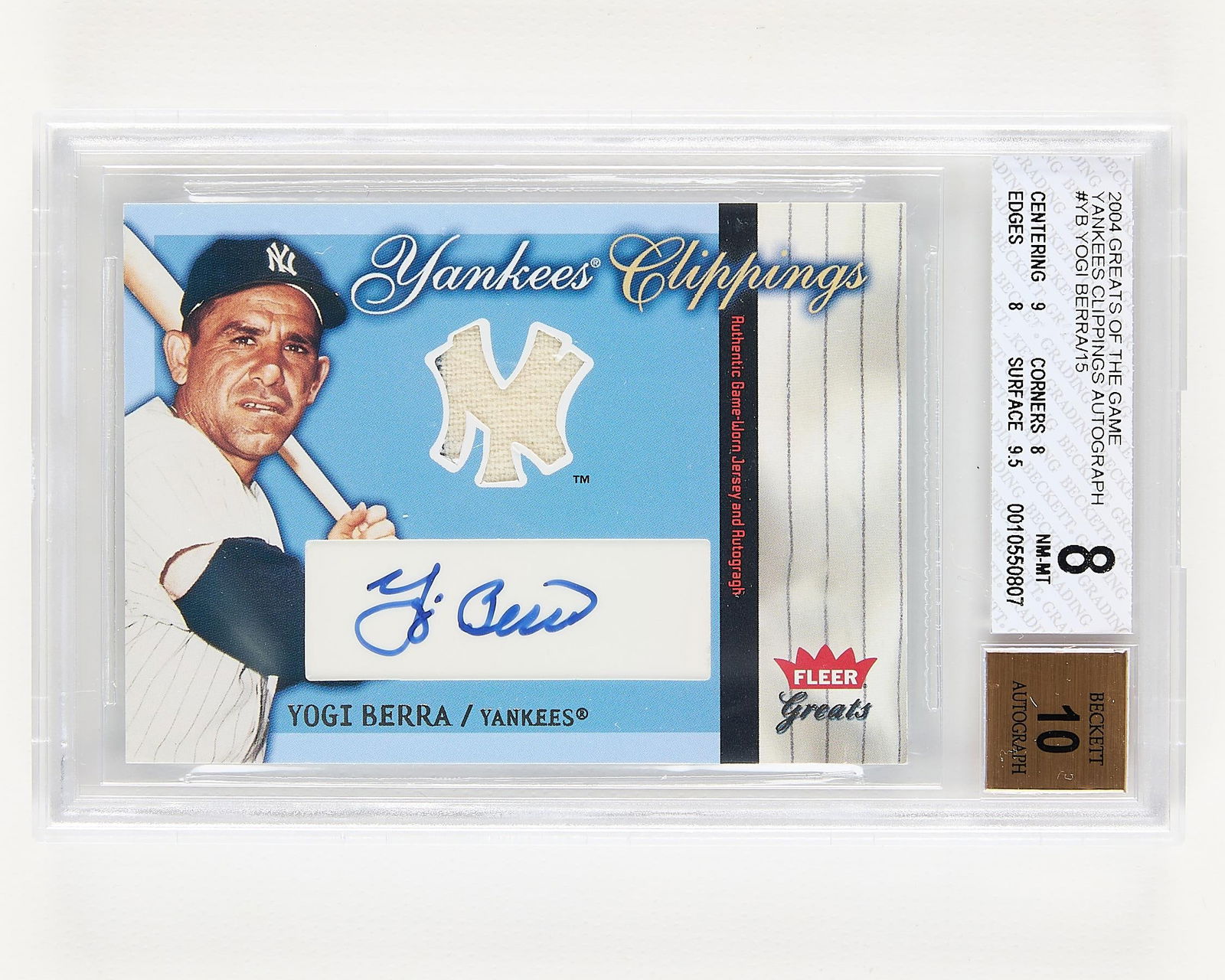 2004 Fleer Greats Auto #76 Yogi Berra BGS 8: 2004 Fleer Greats of the Game Yankees Clippings Autograph #78 Yogi Berra baseball card. BGS: 0010550807. Height: 5 1/4 in x width: 3 1/4 in.
