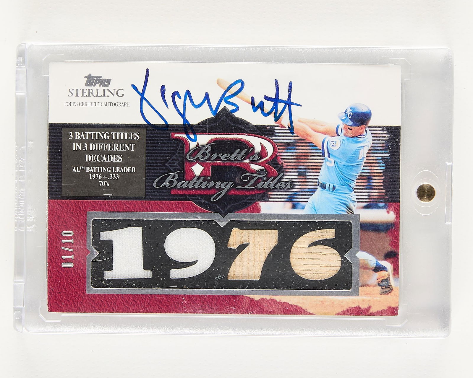 2006 Topps Sterling George Brett Auto Relic 1/10: 2006 Topps Sterling #GB-BT1 triple relic and autographed George Brett card, 1/10. (Case) height: 4 in x width: 3 in.