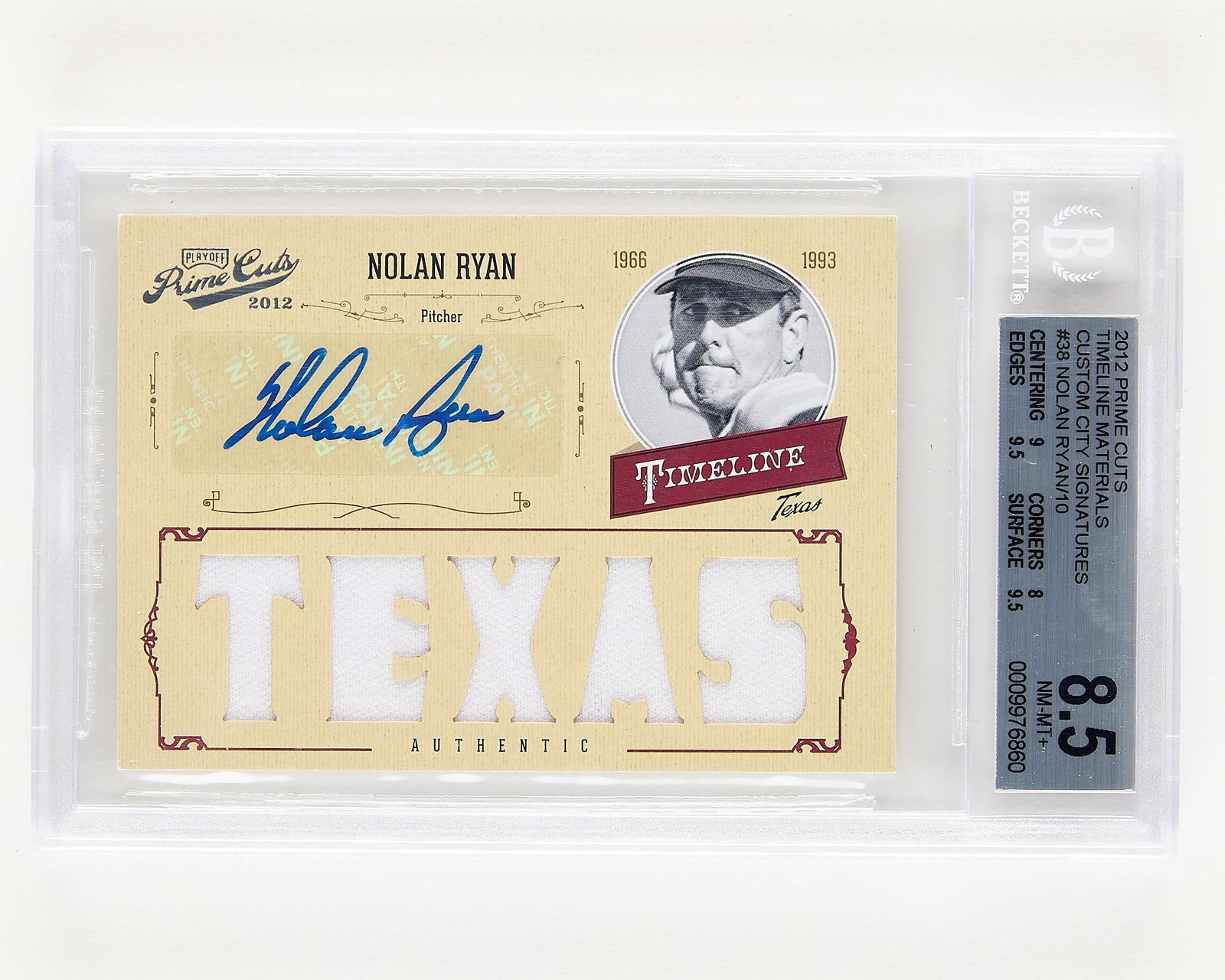 2012 Panini Timeline Prime Cuts Nolan Ryan BGS 8.5: 2012 Panini Timeline Prime Cuts #38 Nolan Ryan, 1/10. BGS: 0009976860. Height: 5 1/4 in x width: 3 1/4 in.