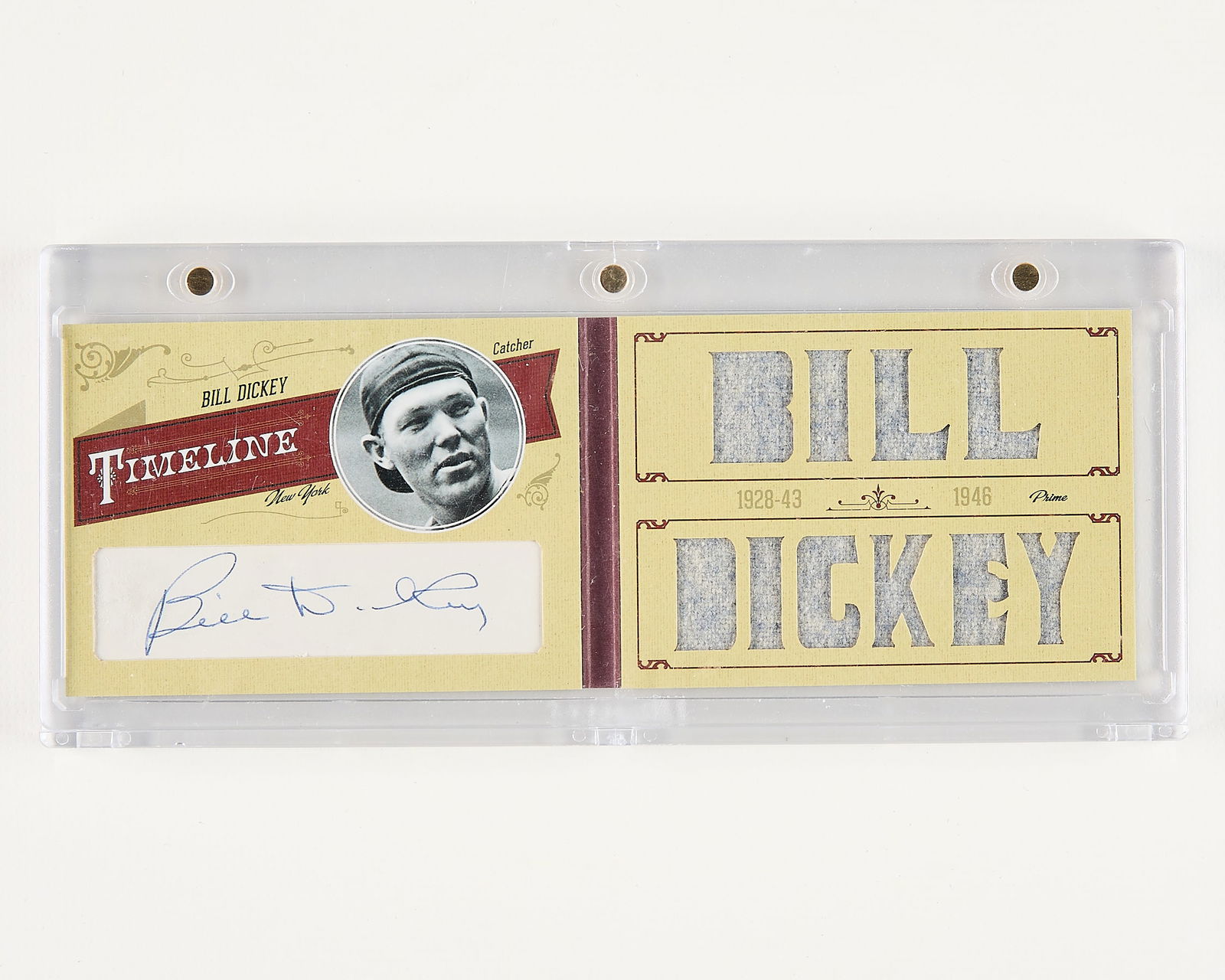 2012 Panini Timeline Prime Cuts Dickey Auto Patch: 2012 Panini Timeline Prime Cuts #1 Bill Dickey autograph and relic patch oversize card, 5/5. (Case) height: 7 3/4 in x width: 3 1/2 in.