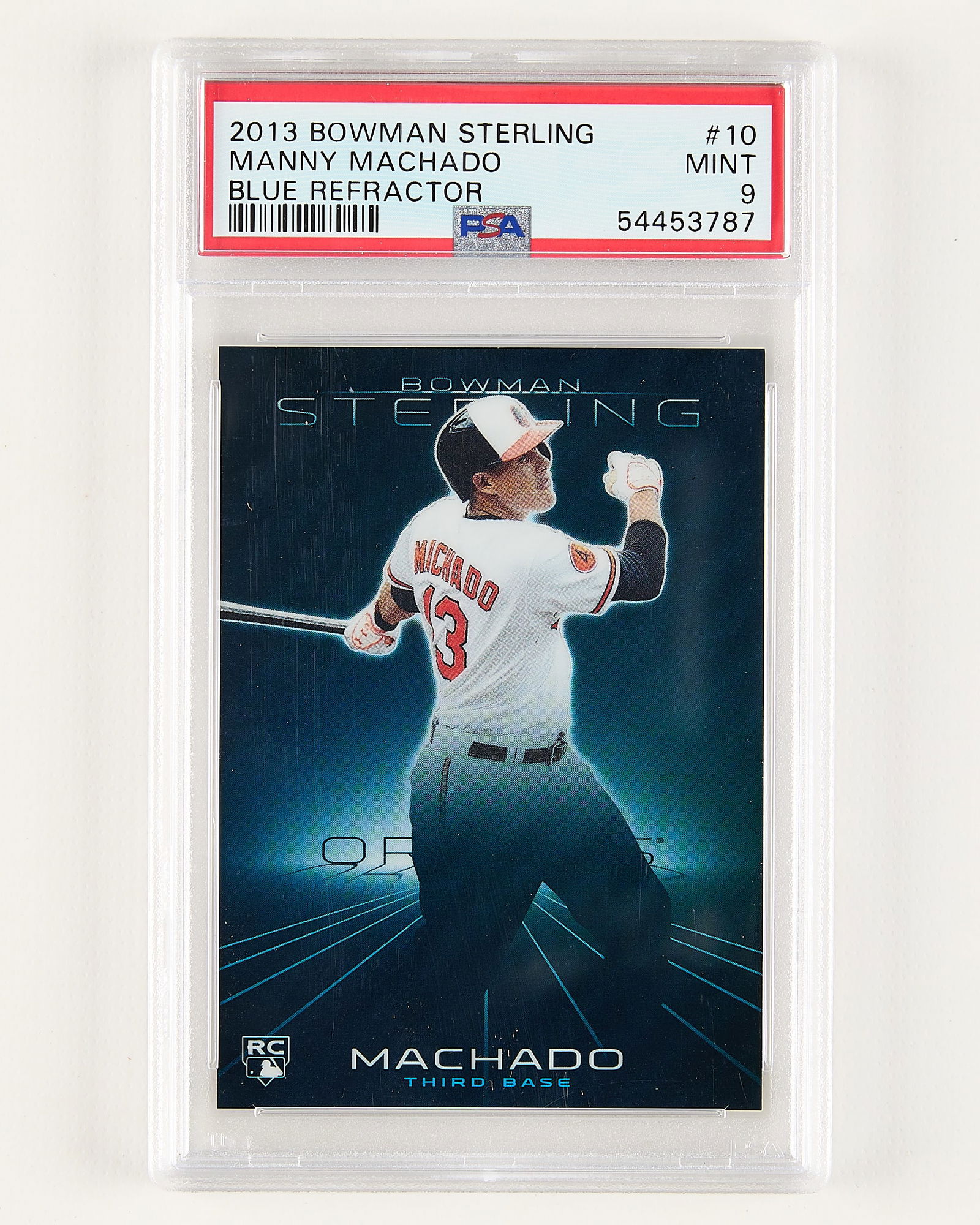 2013 Bowman Sterling M. Machado Blue Refractor PSA: 2013 Bowman #10 Sterling Manny Machado blue refractor baseball card. PSA/DNA: 54453787. Height: 5 1/4 in x width: 3 1/8 in.