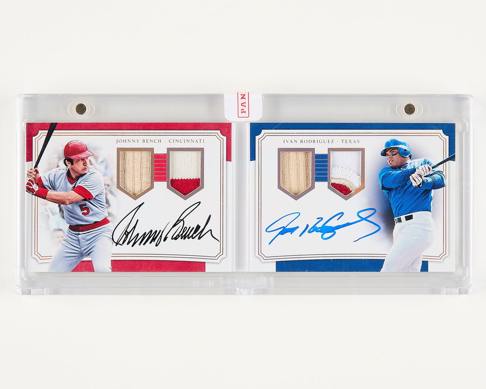 2017 Panini Nat Treas 2x Material Bench/Rodriguez: 2017 Panini National Treasures dual material signature booklet, Johnny Bench & Ivan Rodriguez, #SDMB-BR, 2/5.(Case) height: 7 3/4 in x width: 3 1/2 in.