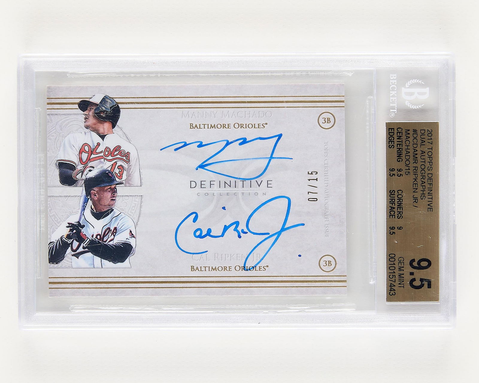 2017 Topps Def. Dual Auto Ripken/Machado BGS 9.5: 2017 Topps Definitive dual autographs #DCDAMR Cal Ripken Jr. and Manny Machado, 7/15. BGS: 0010157443Height: 5 1/4 in x width: 3 1/4 in.