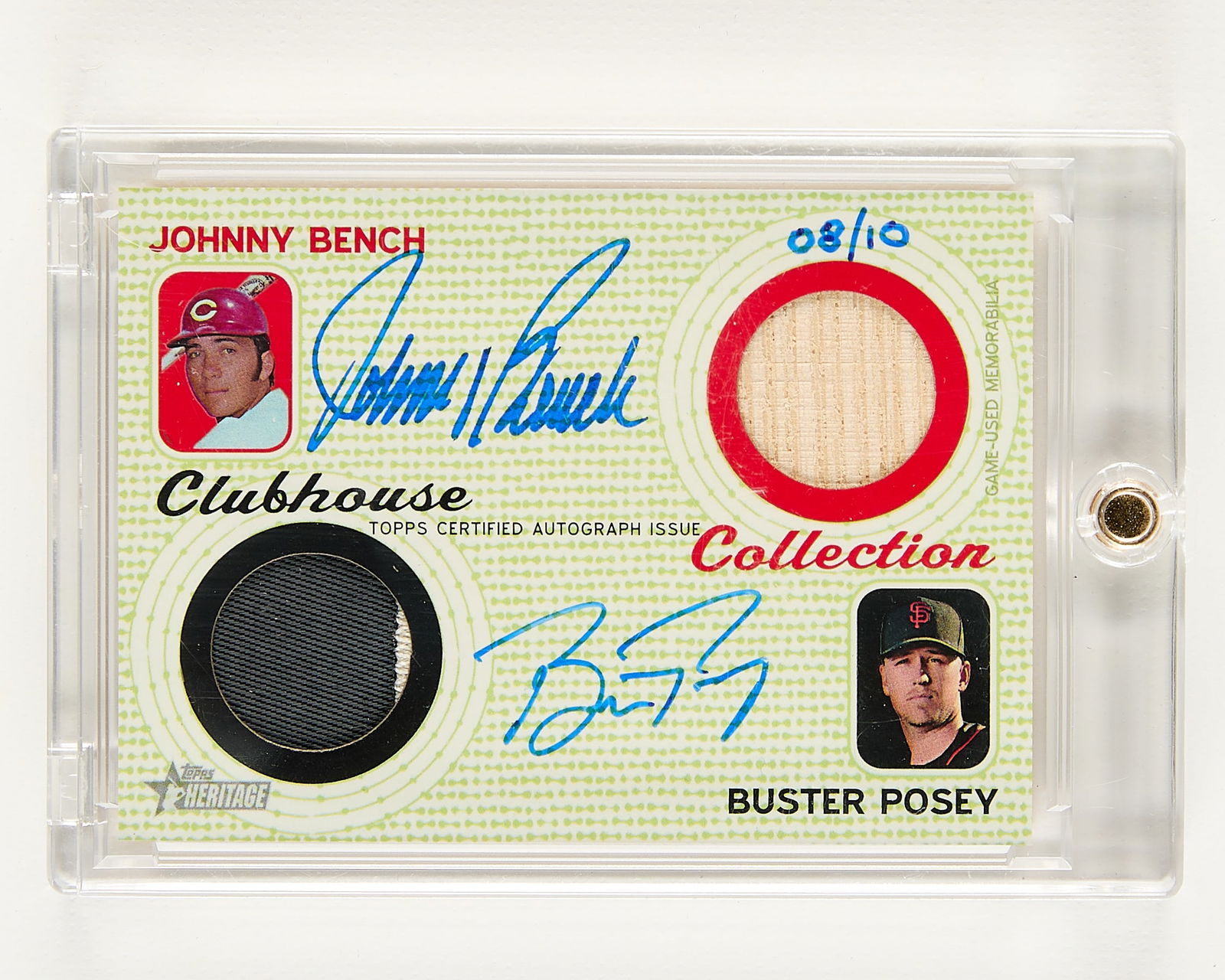 2017 Topps Her. Bench/ Posey Dual Relic Auto 8/10: 2017 Topps Clubhouse Collection #CCDAR-BP dual autograph relic card, Johnny Bench & Buster Posey, 8/10.(Case) height: 4 1/2 in x width: 3 in.