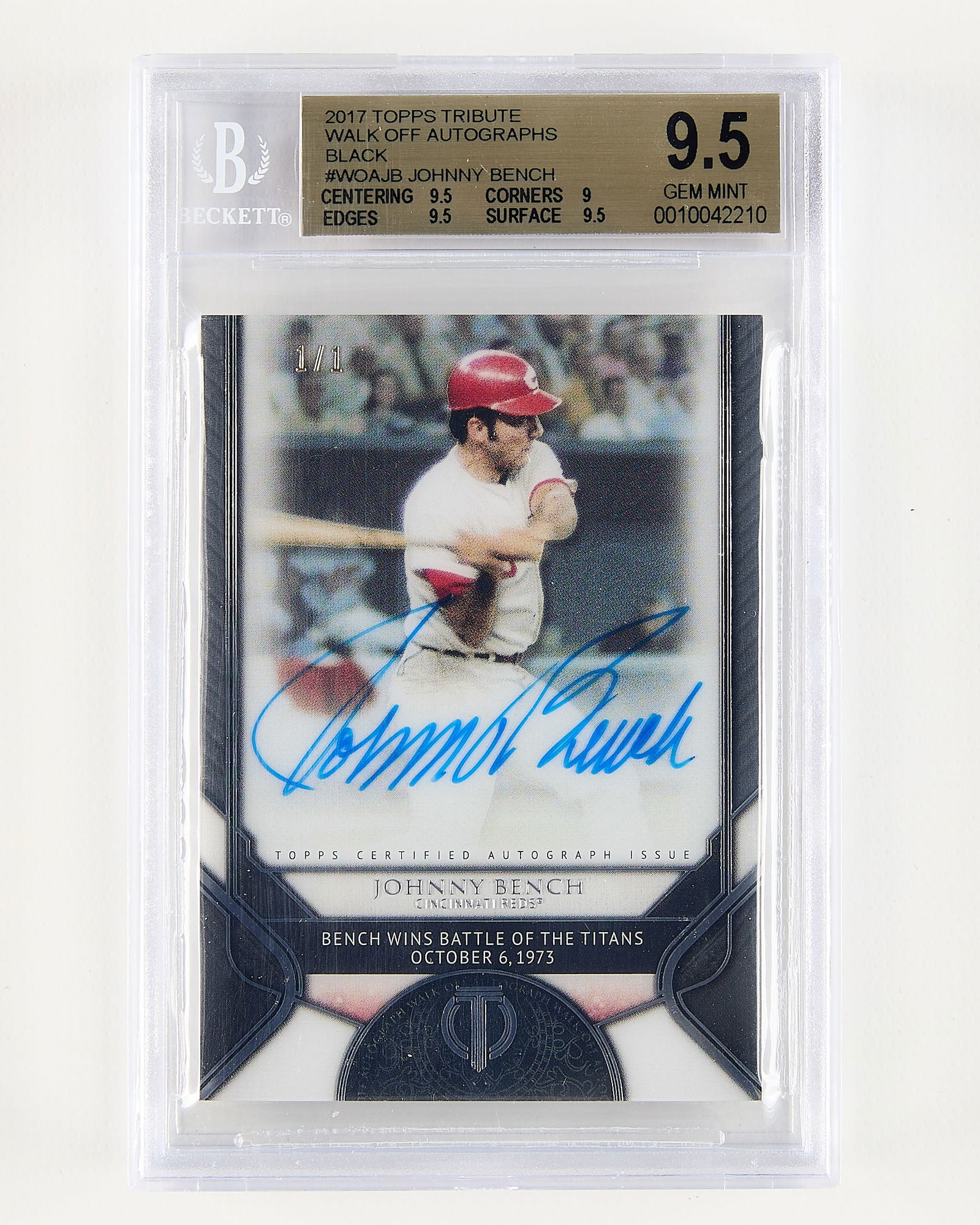 2017 Topps Tribute Johnny Bench Auto 1/1 BGS 9.5: 2017 Topps Tribute #WOAJB walk off autographs black, Johnny Bench baseball card, 1/1. BGS: 0010042210.Height: 5 1/4 in x width: 3 1/4 in.