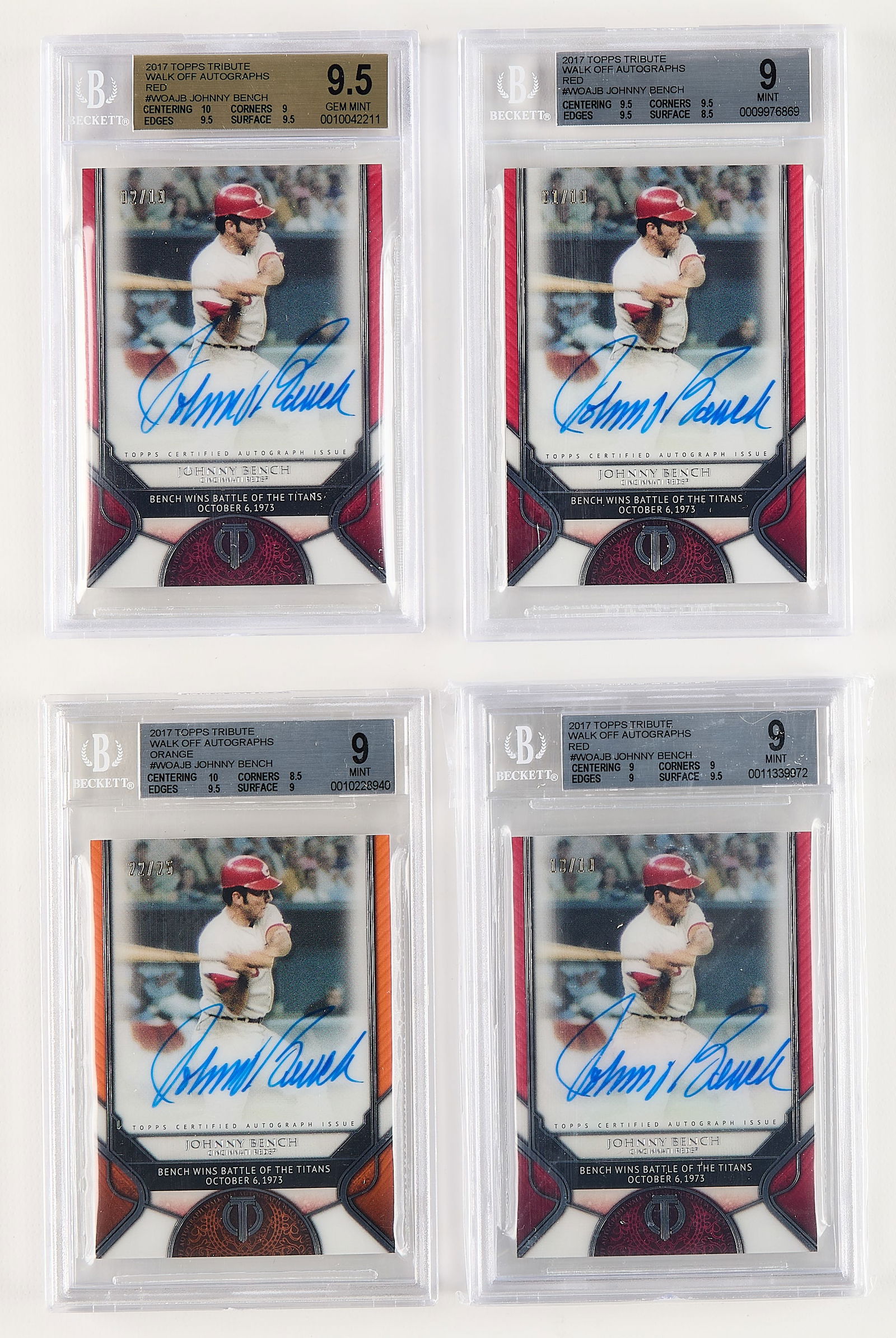 4 2017 Topps Tribute WOA Johnny Bench BGS: Group of four 2017 Topps Tribute Walk Off Autograph #WOAJB Johnny Bench baseball cards.Red, 1/10 (BGS: Mint 9, 0009976869).Red, 2/10 (BGS: Gem MT 9.5, 0010042211). Red, 10/10 (BGS: Mint 9, 0011339972)
