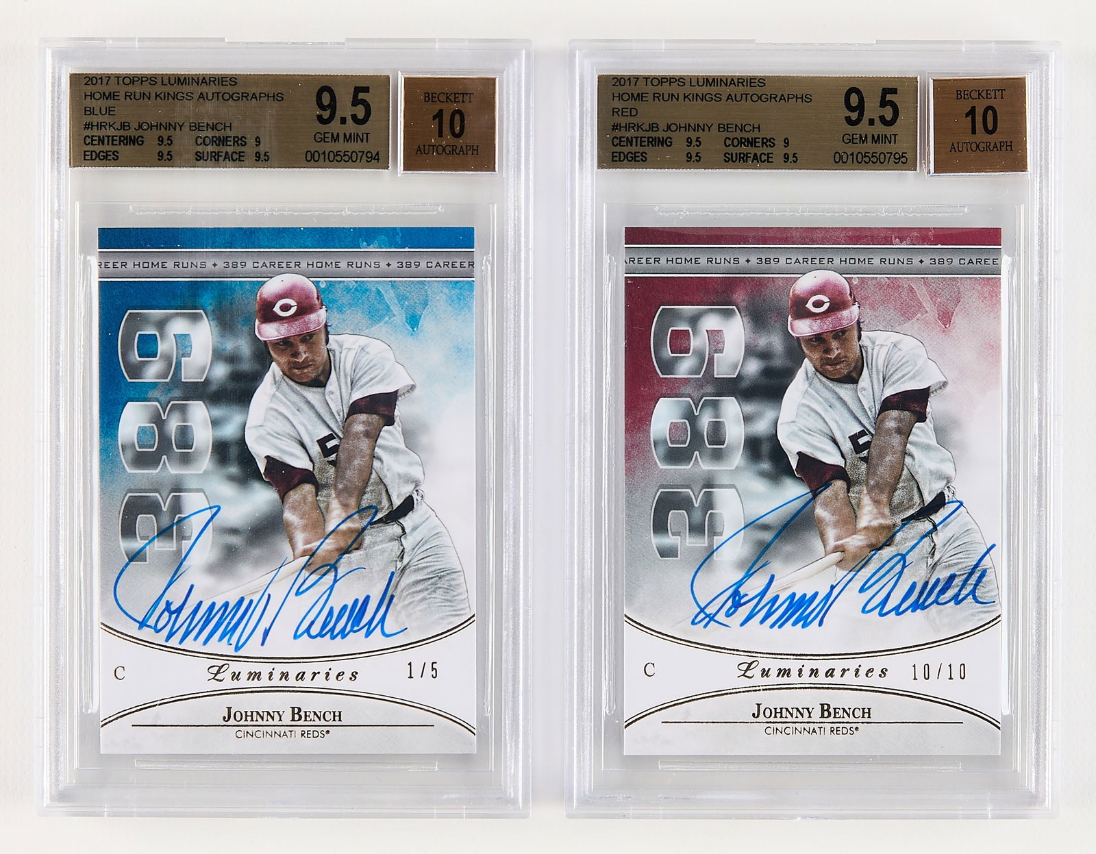 2 2017 Topps Luminaires Johnny Bench Auto BGS: Group of two 2017 Topps Luminaries Home Run Kings Johnny Bench autograph cards, signed in blue ink. Including:Red 10/10 (BGS: 9.5, Autograph 10, 0010550795).Blue 1/5 (BGS: 9.5, Autograph 10, 001055079