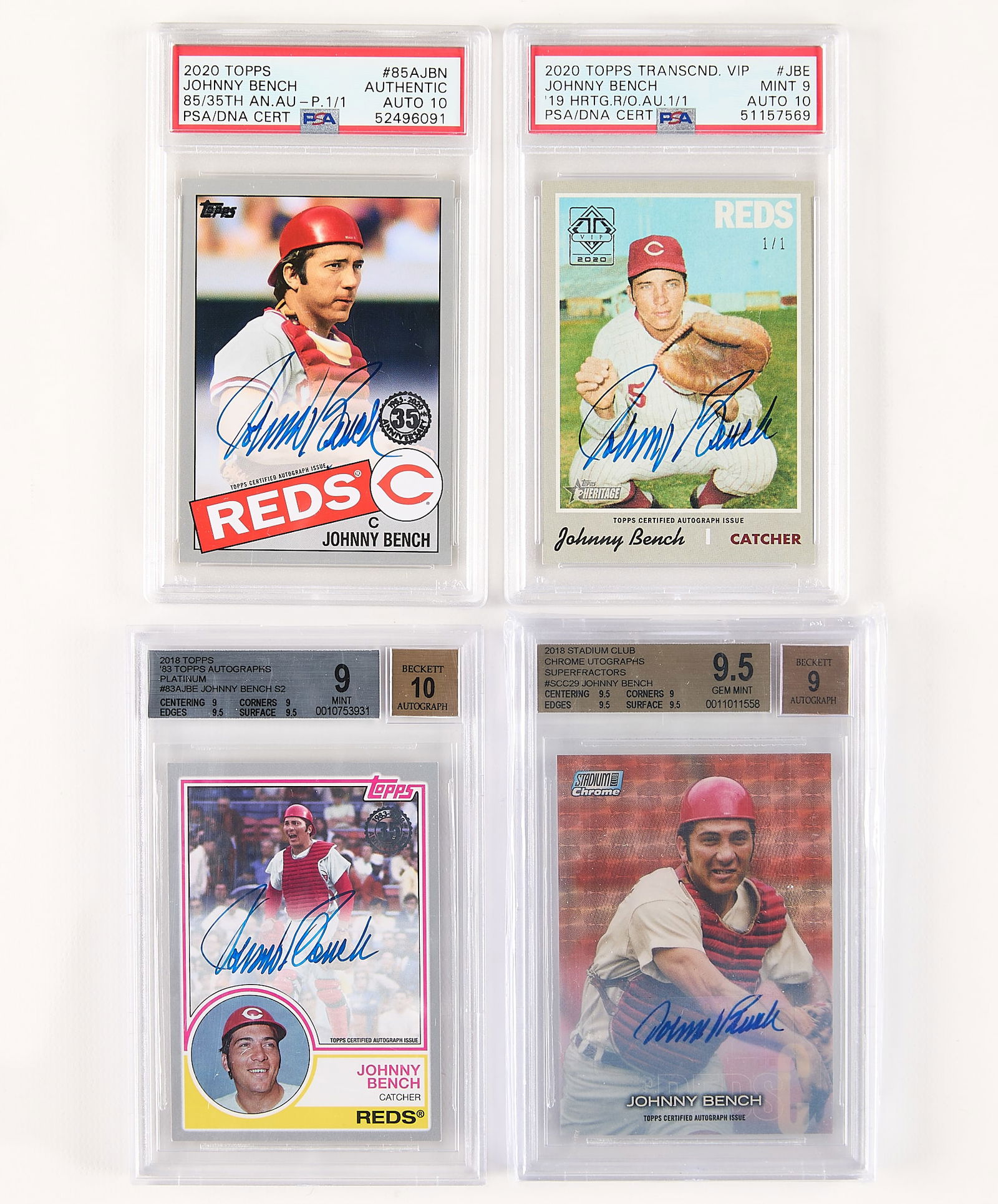 2018-20 Topps Johnny Bench Auto Cards BGS/PSA: Group of autographed Johnny Bench 1/1 baseball cards. Including:2018 Stadium Club Chrome Autographs Superfractors #SCC29 Johnny Bench (BGS: 9.5 Autograph 9, 0011011558).2018 Topps '83 Topps Autographs