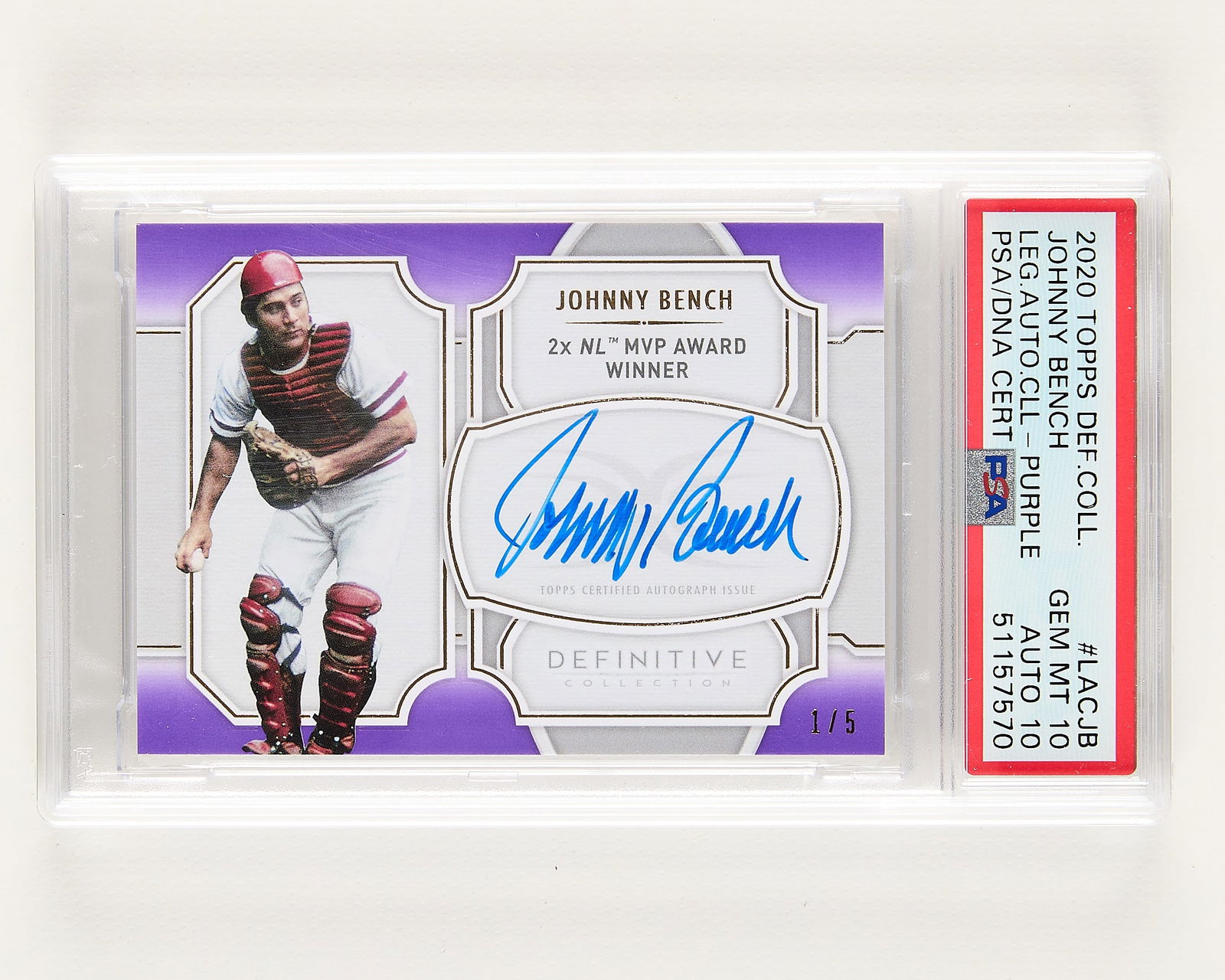 2020 Topps Def. Leg. Auto J. Bench Purple PSA 10: 2020 Topps Definitive Collection Legendary Autograph #LACJB Johnny Bench, purple, 1/5. PSA/DNA: 51157570.(Case) Height: 5 1/4 in x width: 3 1/4 in.