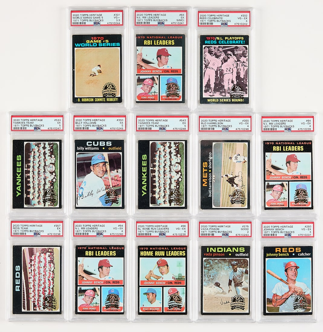 13 2020 Topps Heritage 1971 Buybacks PSA Incl. HOF: Group of thirteen 2020 Topps Heritage 1971 Topps Buybacks baseball cards. All graded by PSA/DNA. Including:Three #64 NL RBI Leaders (EX 5 (MC), 47510241), (VG-EX 4, 47510239, 47510240).#66 NL Home Run