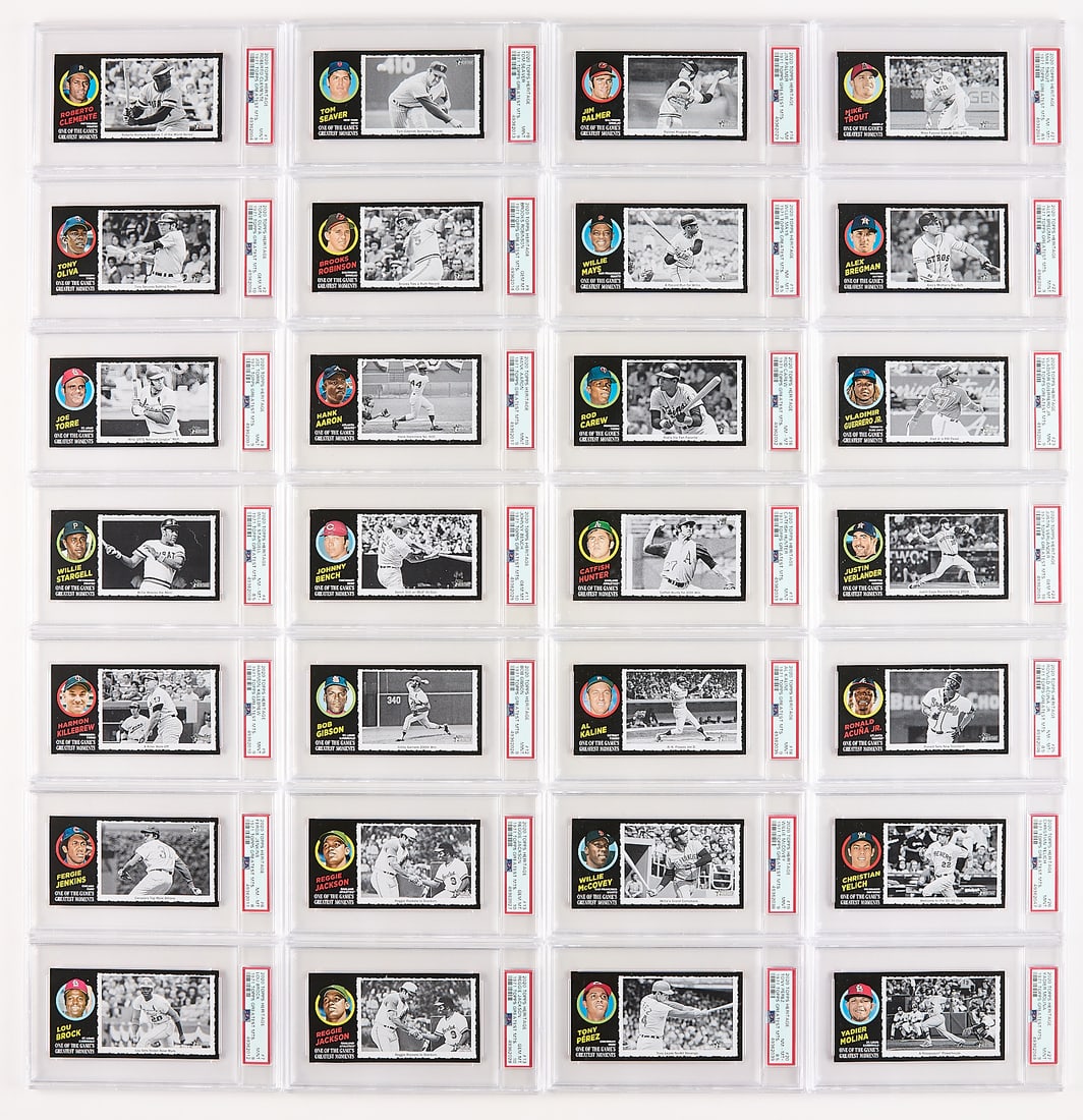 Complete Set 2020 Topps Heritage Grt Mmts 1971: Complete set oversized 2020 Topps Heritage 1971 Greatest Moments baseball cards. Grades as follows:(PSA/DNA 10): 2, 9, 11, 13, 24, 36, 39, 51, 52.(PSA/DNA 9): 1, 3, 5, 7, 8, 10, 12, 17, 18, 19, 22, 23
