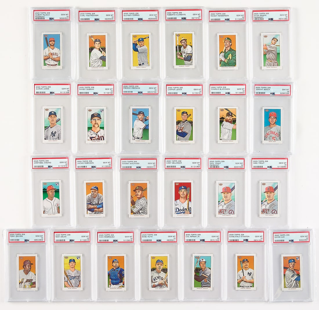 75 2020 Topps T206 Cards PSA: Group of seventy-five 2020 Topps T206 baseball cards.Twenty-five cards have been graded, all are PSA/DNA Gem Mint 10, and include: Rodriguez, Solak, Trout (2), Gwynn, Bellinger, Machado, Aquino, Robin