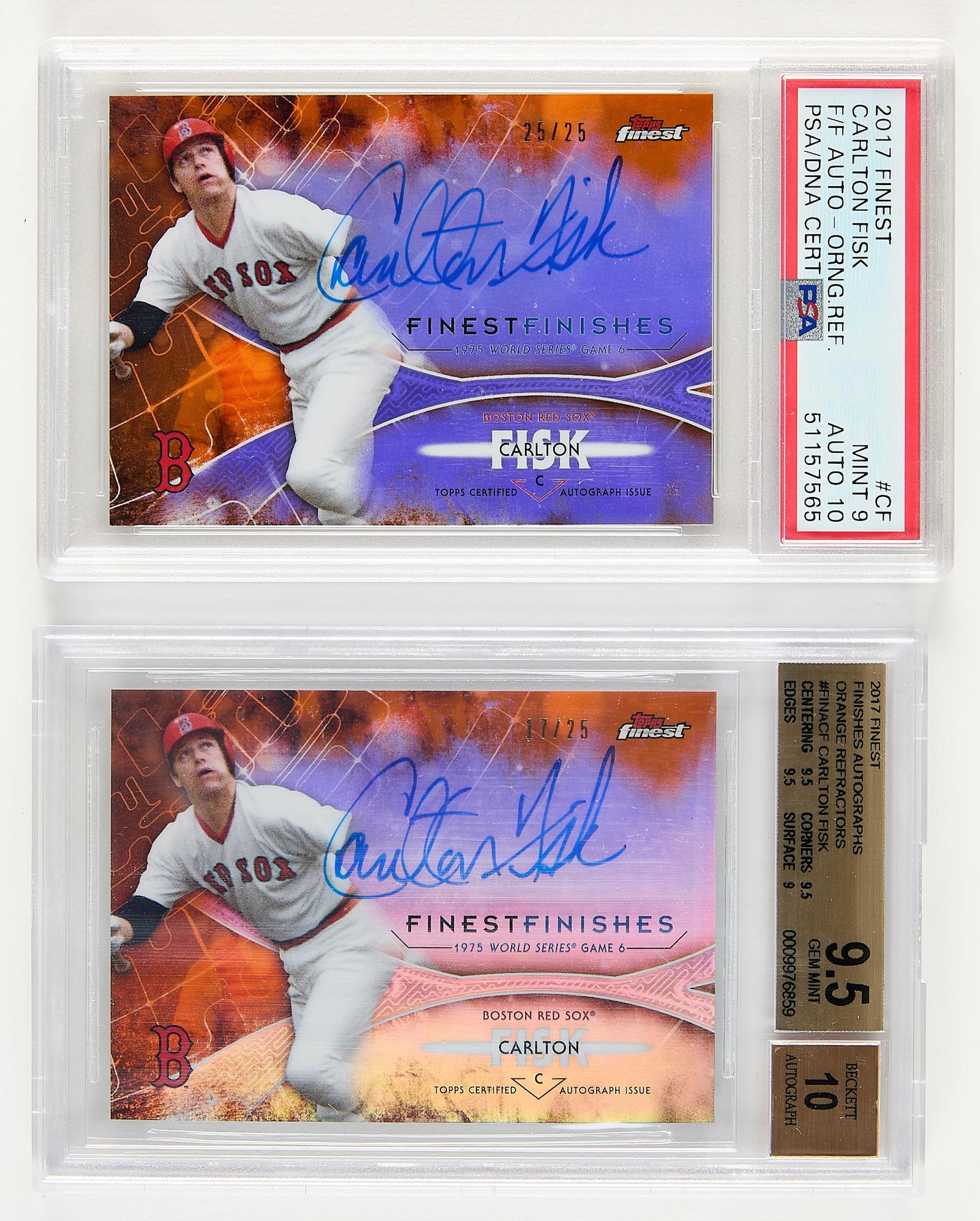 2 Topps Finest Auto Carlton Fisk BGS/PSA: Group of two Topps Finest Finishes autographs with orange refractors, Carlton Fisk, baseball cards. One numbered 25/25, the other numbered 17/25. (Cases, each) height: 5 1/4 in x width: 3 1/8 in.